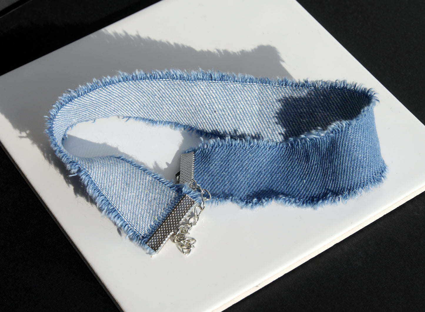 Blue Frayed Denim Choker, Frayed Edge Denim Jean Style Choker