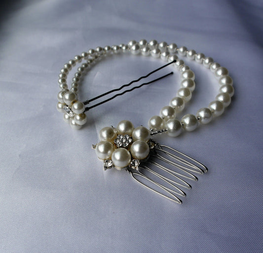 Prom Wedding Hair Pin Accessory, Off White Pearl Brides Wedding Hair Chain, Pearl Bridal Hair Piece, Diamante Bridal Hair Chain and Pin