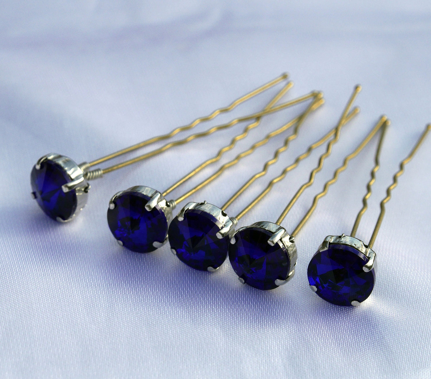 A set of 5 hand made wedding / ballet dance hair pins with Dark Blue glass diamante rhinestone (10 mm).
