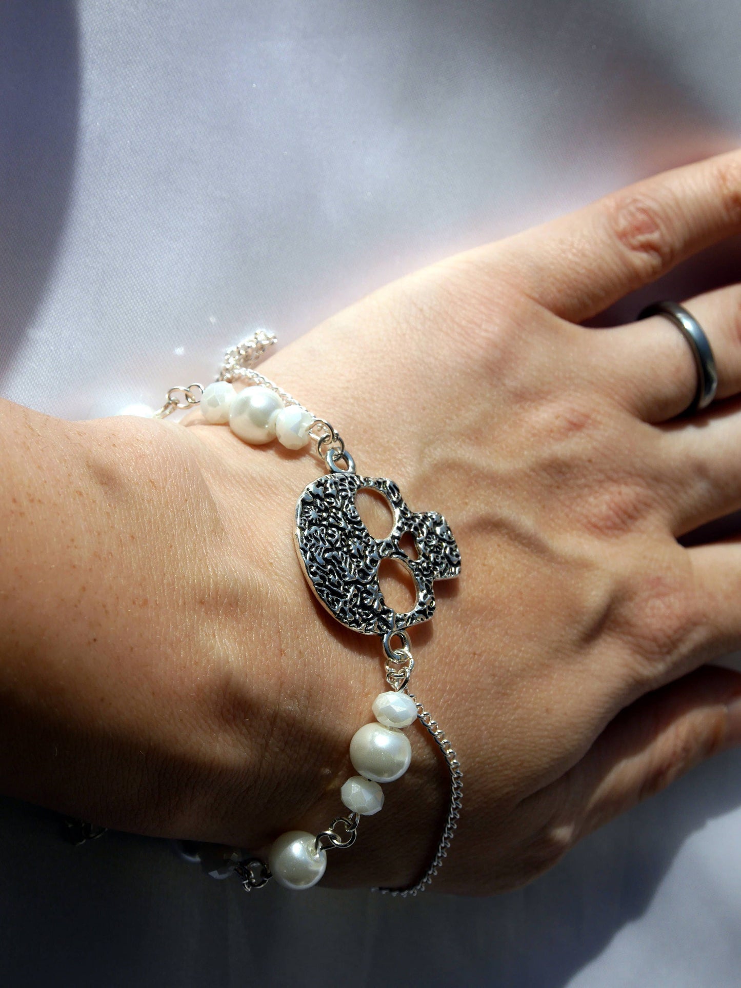 Gothic Silver Tone Floral Skull White Bracelet