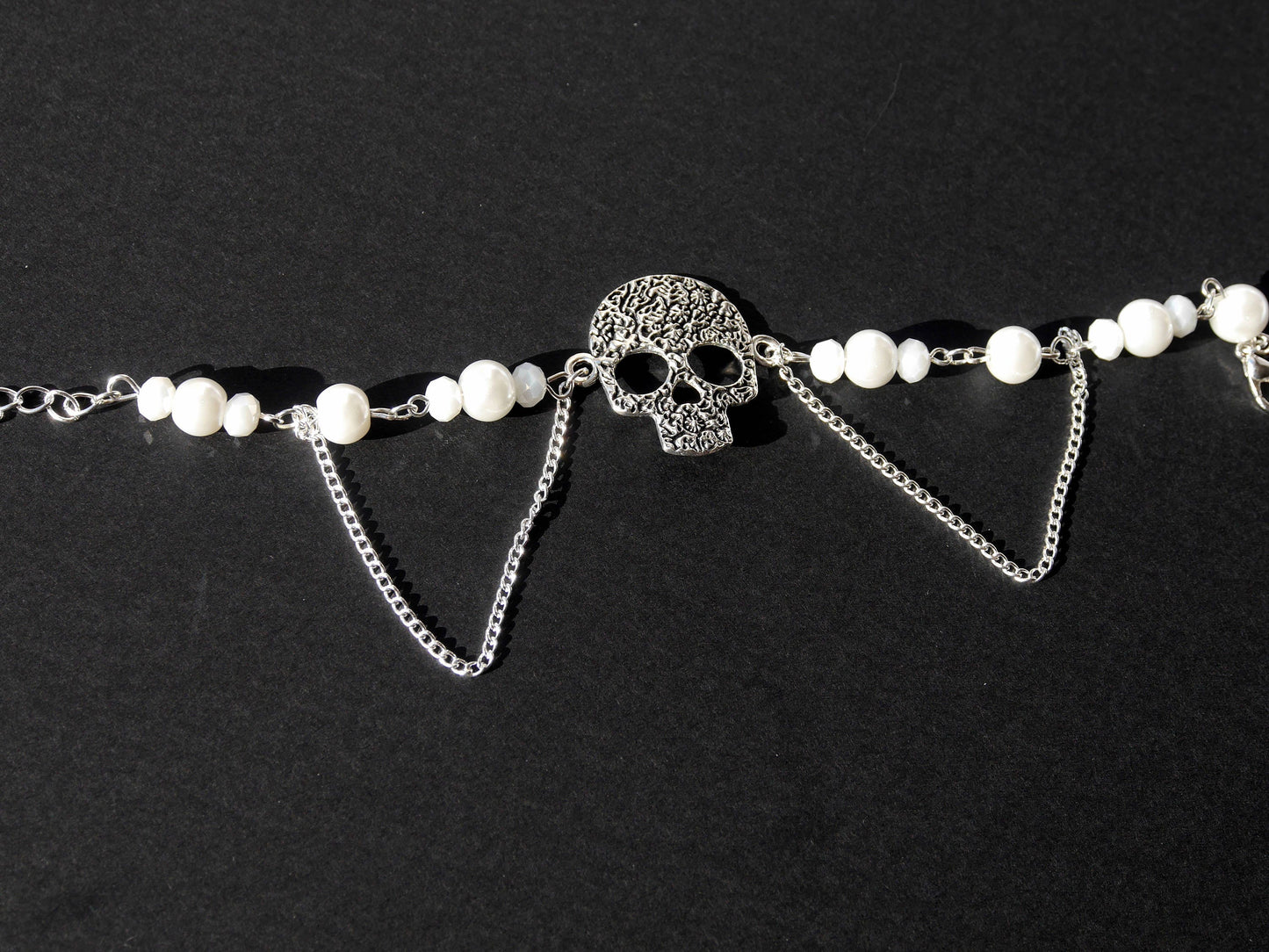 Gothic Silver Tone Floral Skull White Bracelet