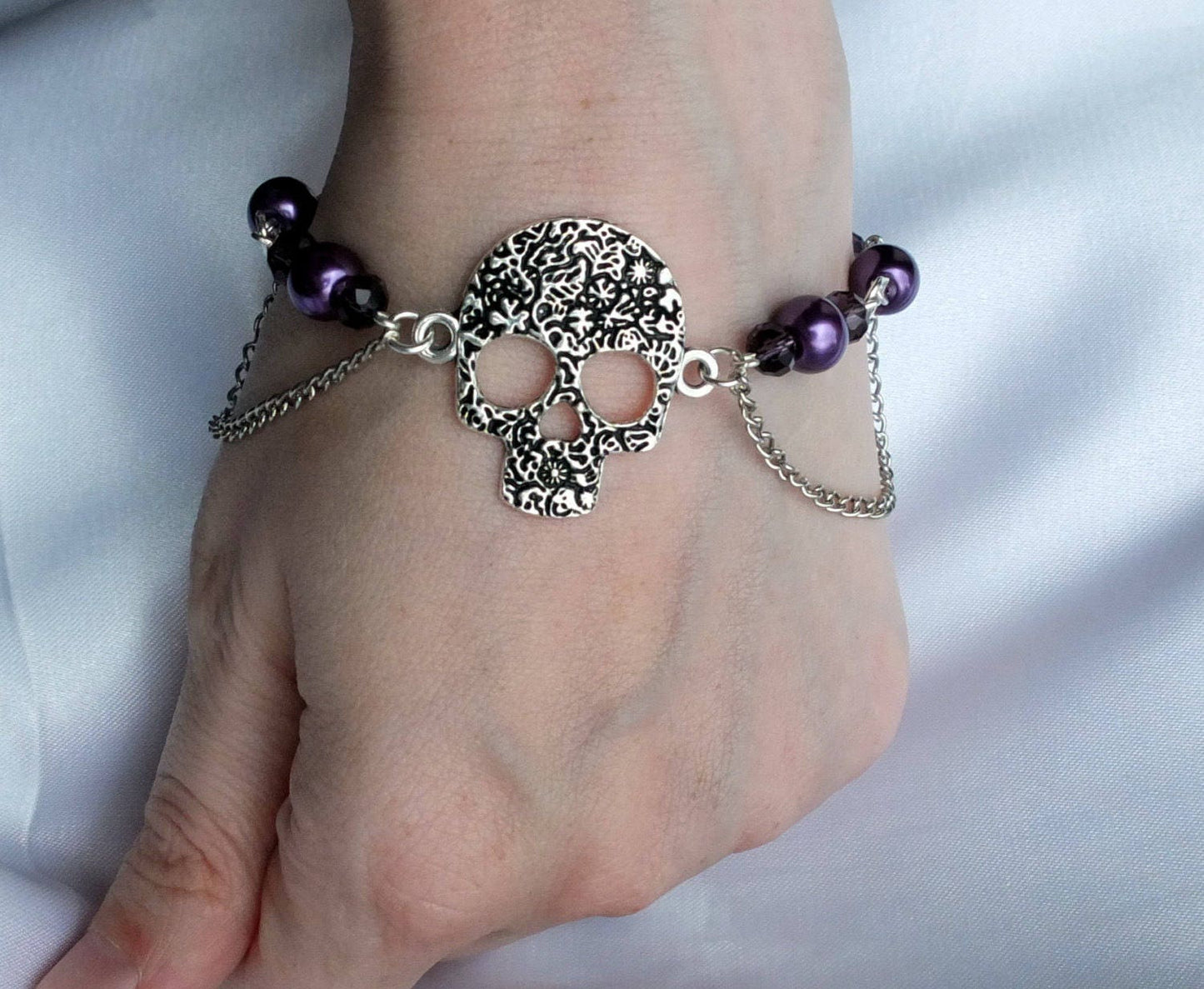 Gothic Silver Tone Floral Skull White Bracelet