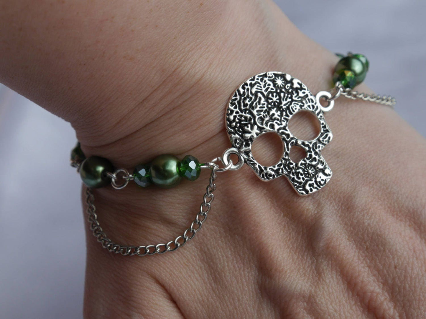Gothic Silver Tone Floral Skull White Bracelet