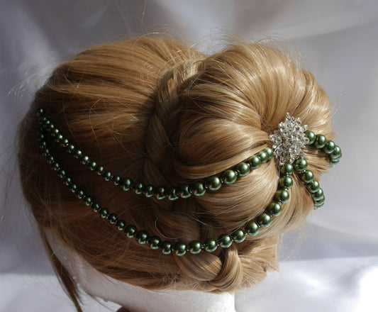 Green Prom Wedding Hair Accessory, Green Chunky Pearl Hair Piece, Green Bridesmaid Hair Chain, Green Pearl Hair Vine, Green Hair Piece