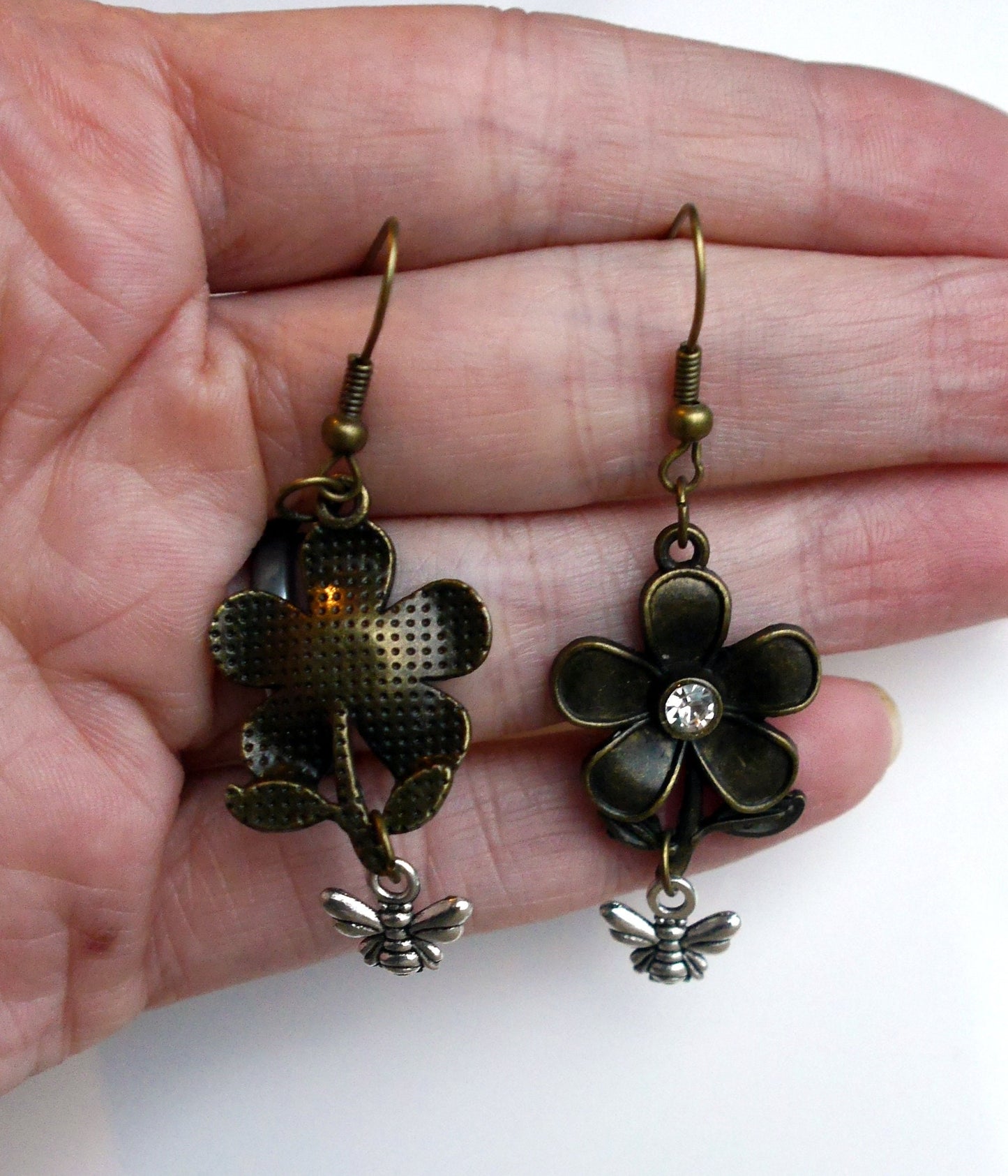 Bronze Flower and Honey Bee Shaped Steampunk Earrings