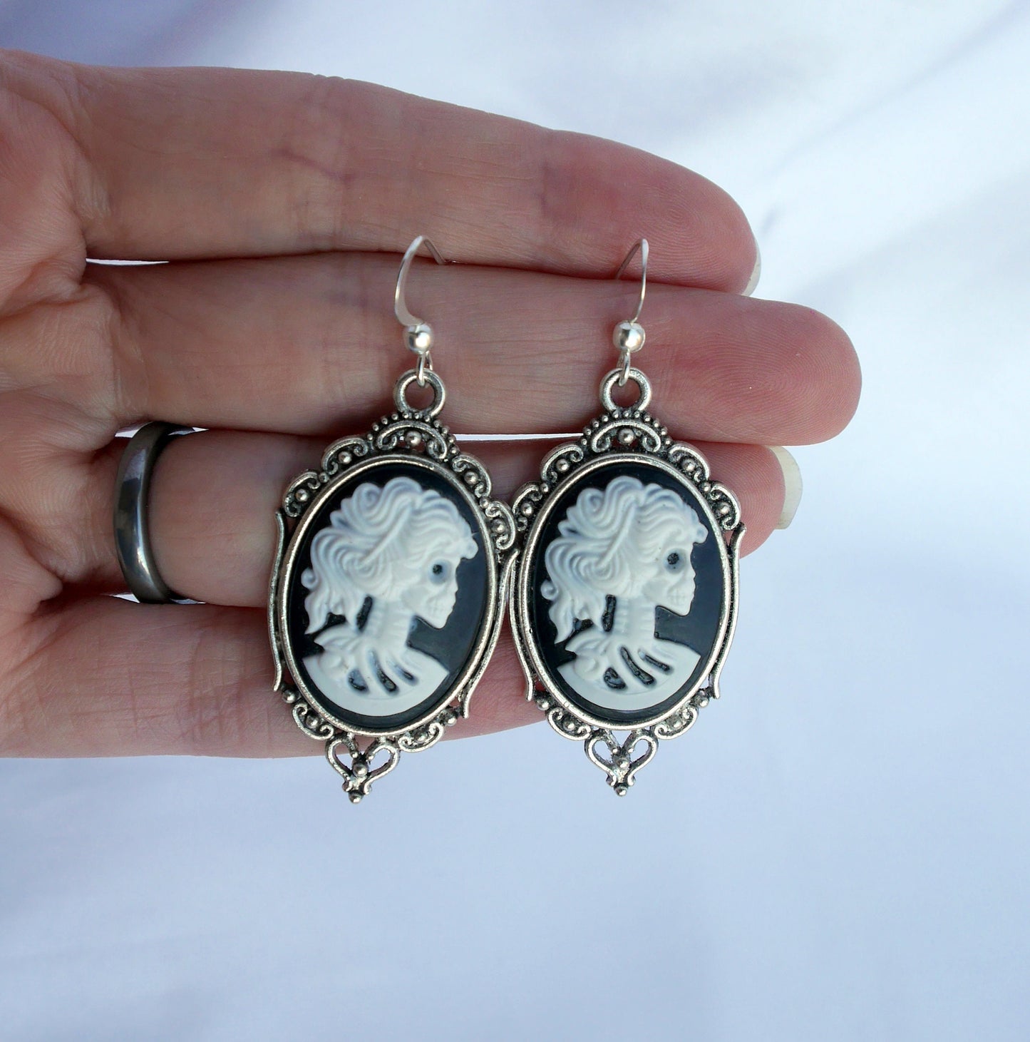 Black and White Skull Profile Gothic Earrings