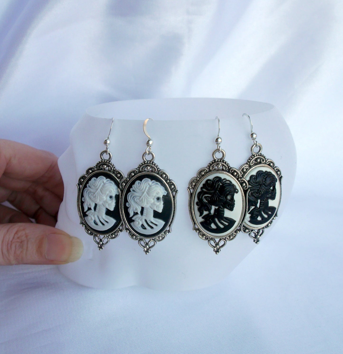 Black and White Skull Profile Gothic Earrings