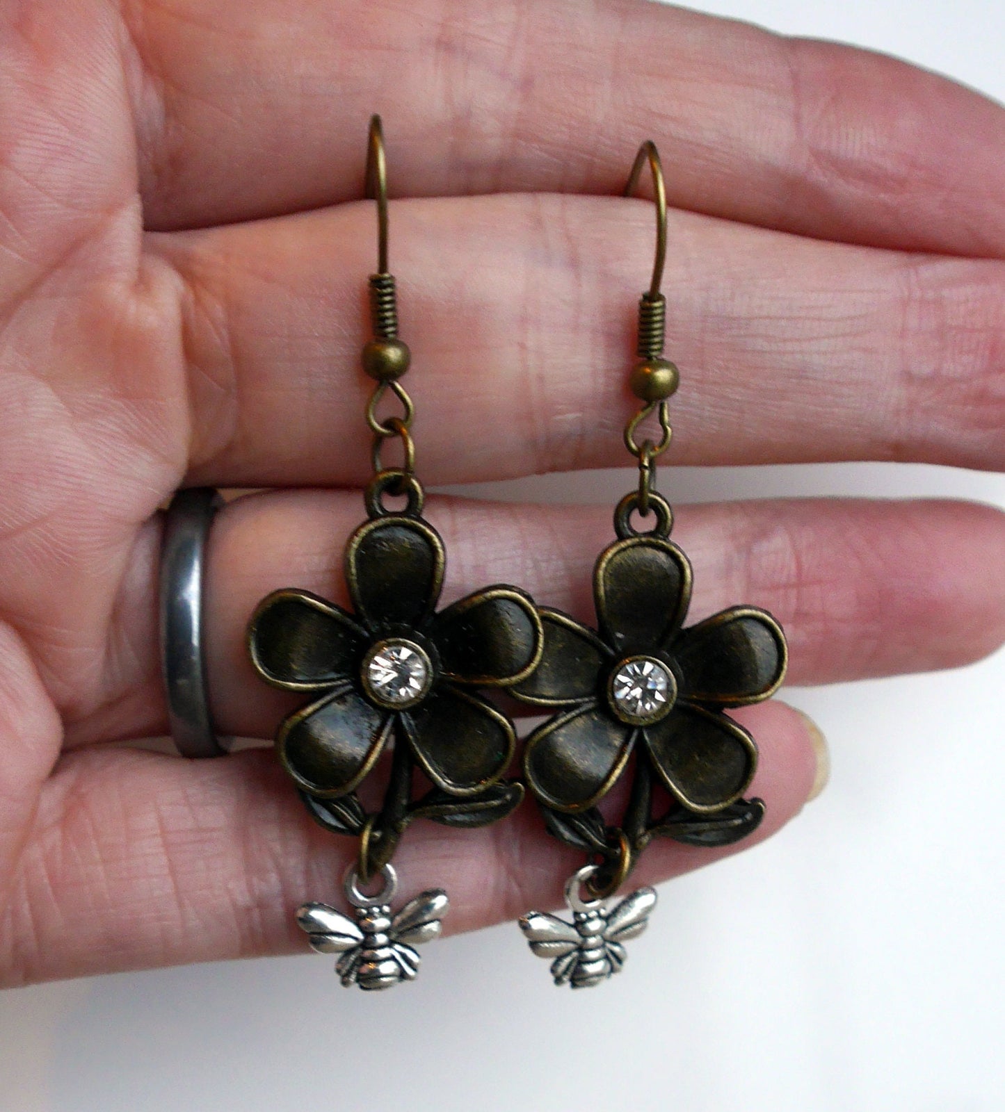 Bronze Flower and Honey Bee Shaped Steampunk Earrings