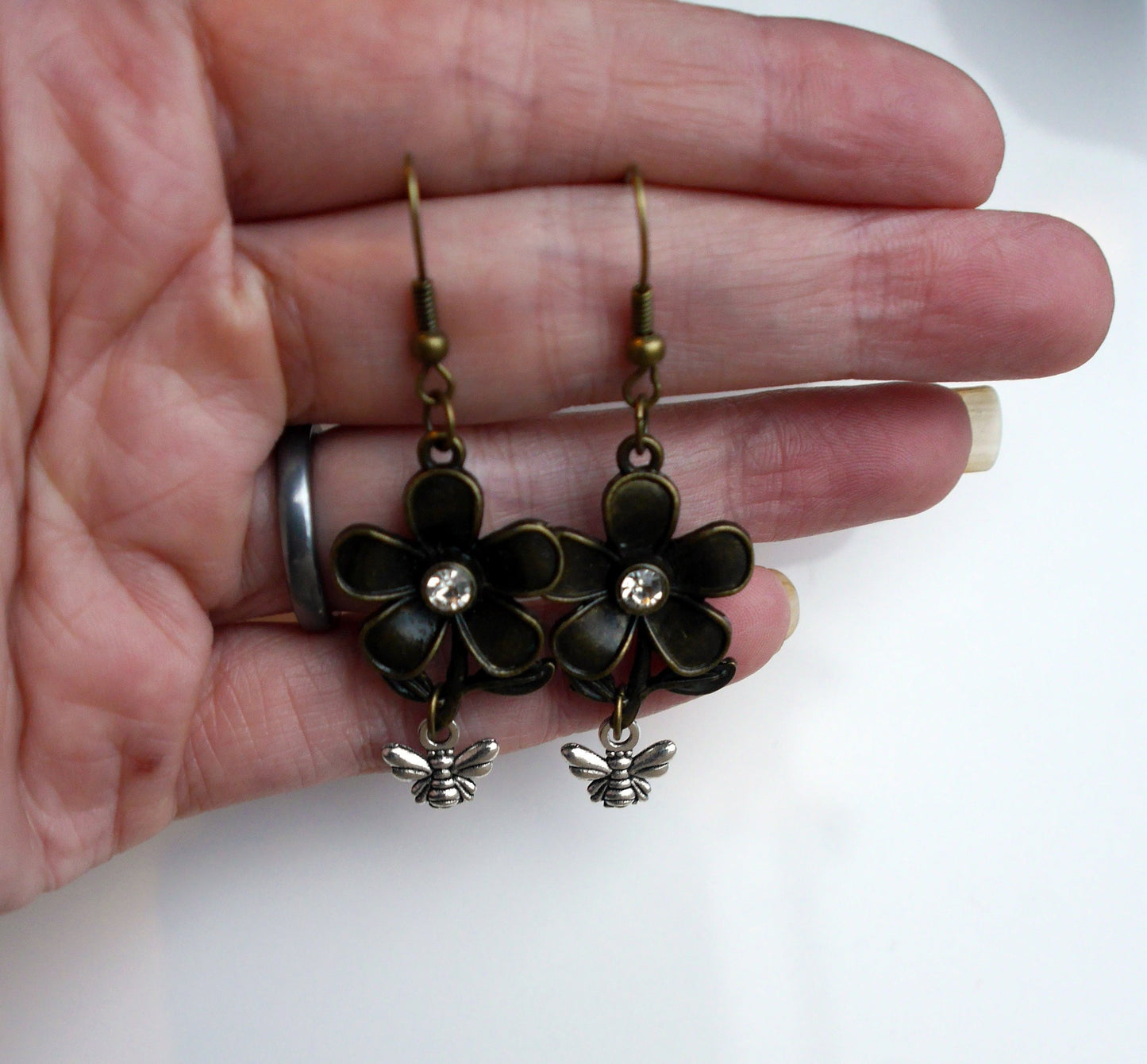 Bronze Flower and Honey Bee Shaped Steampunk Earrings