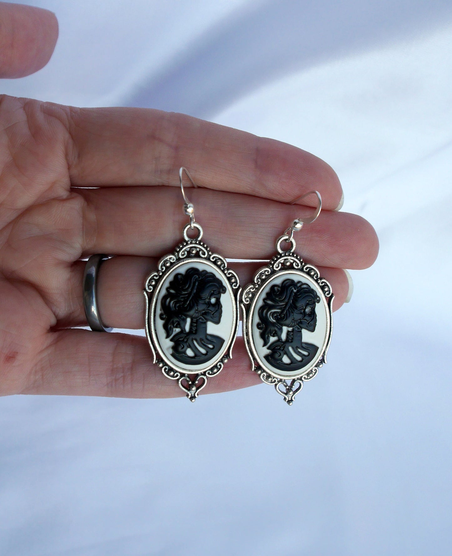 Black and White Skull Profile Gothic Earrings