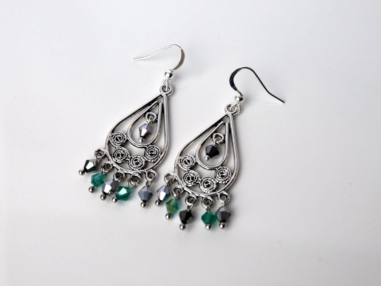 Silver and Green Chandelier Dangle Filigree Earrings (Ear Hook, Stud and Clip On)