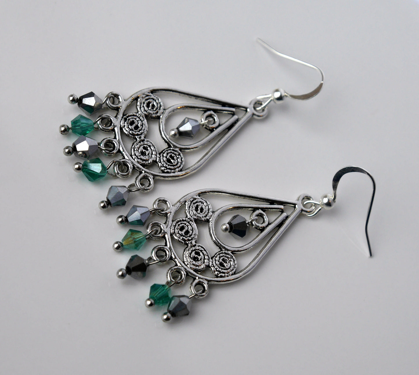 Silver and Green Chandelier Dangle Filigree Earrings (Ear Hook, Stud and Clip On)