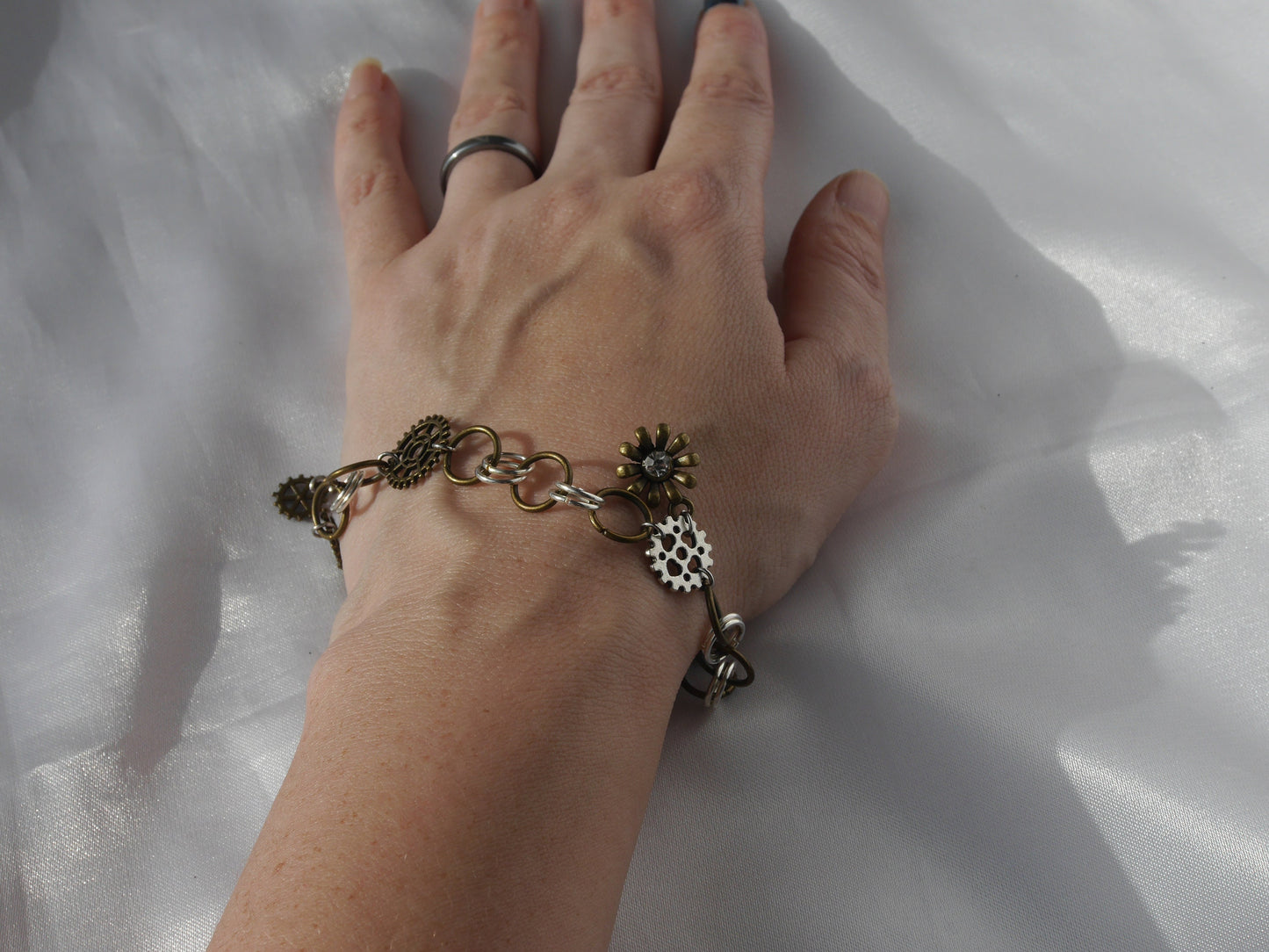 Steampunk Industrial Theme Bronze Flower Bracelet
