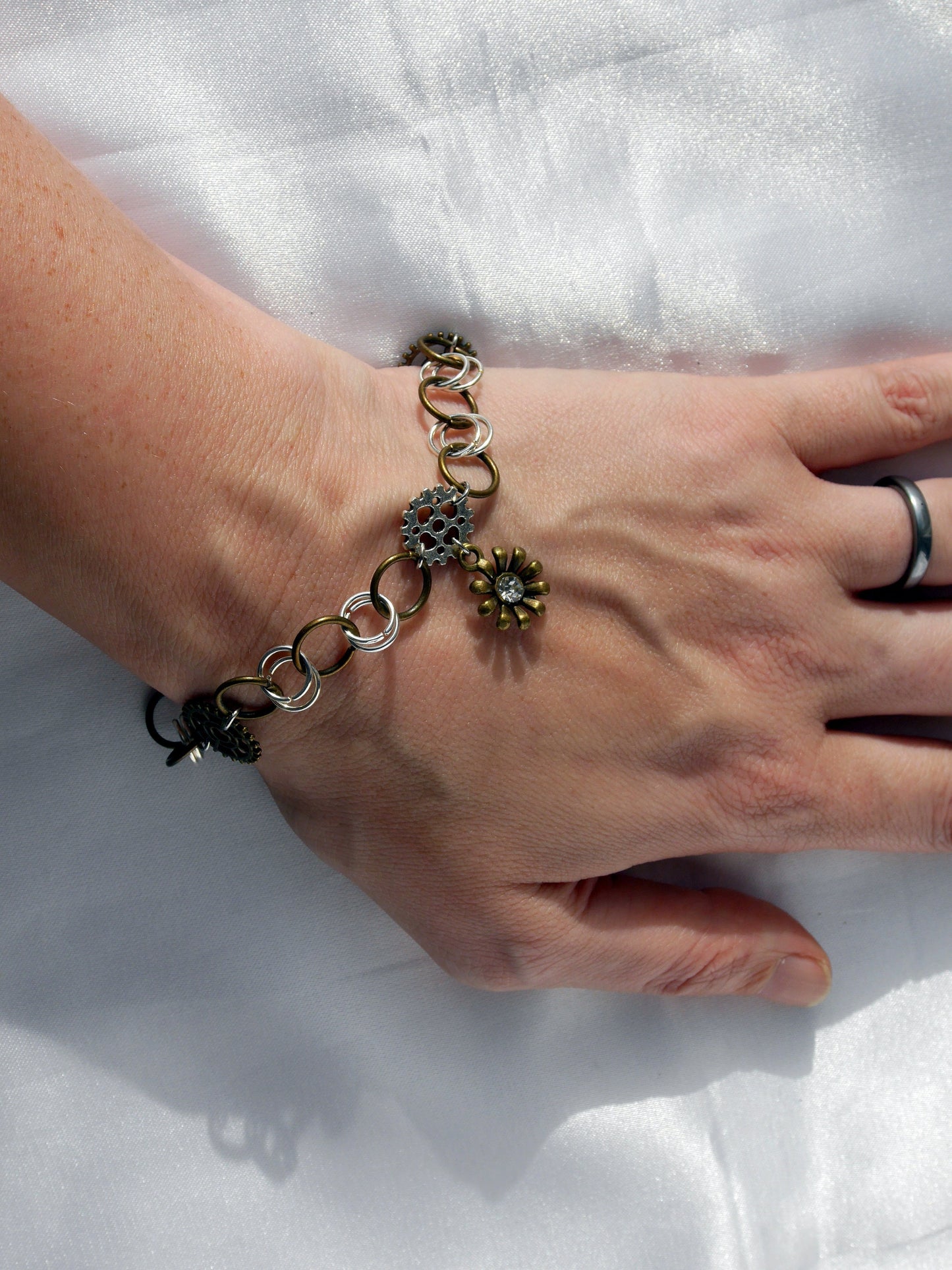 Steampunk Industrial Theme Bronze Flower Bracelet