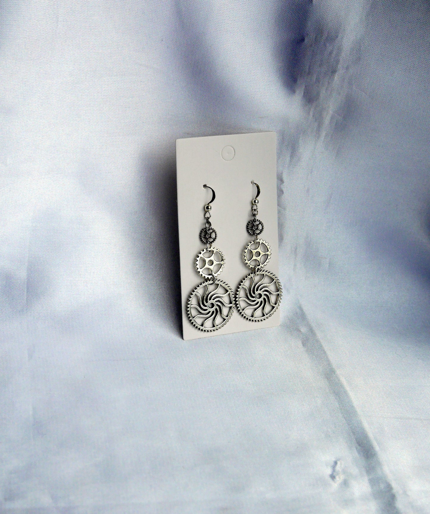 Silver Tone Gear and Cog Steampunk Earrings (Ear Hook, Stud and Clip On)