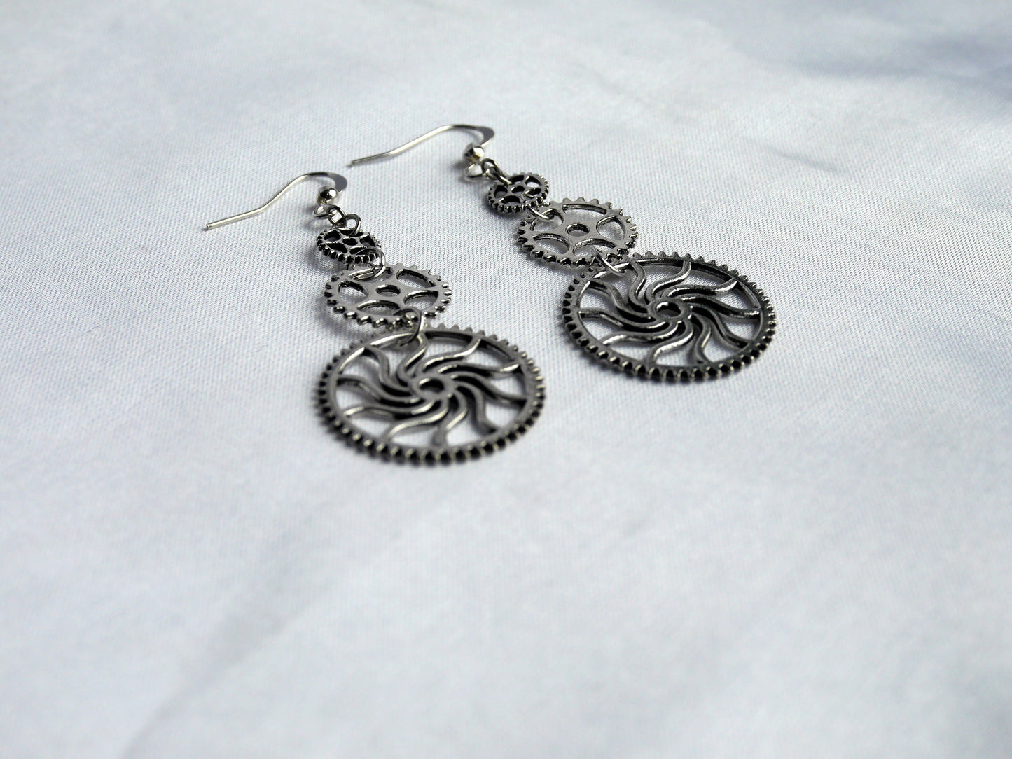 Silver Tone Gear and Cog Steampunk Earrings (Ear Hook, Stud and Clip On)
