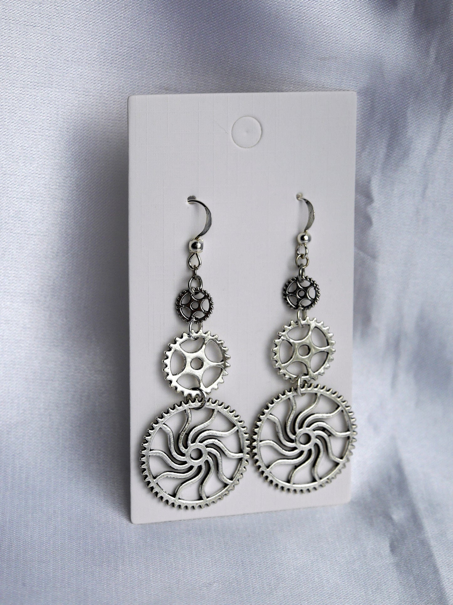 Silver Tone Gear and Cog Steampunk Earrings (Ear Hook, Stud and Clip On)