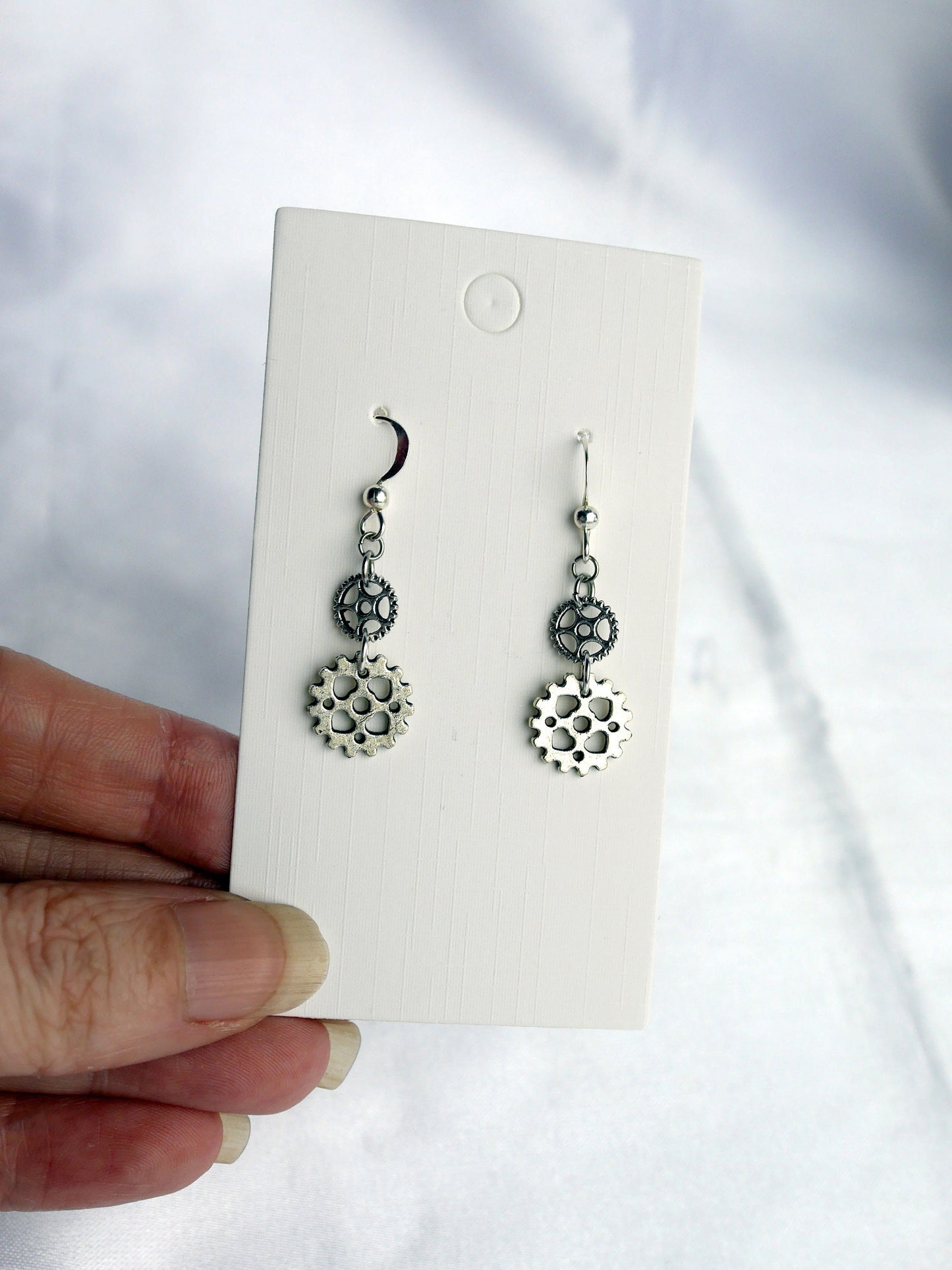 Silver Tone Cog Gear Industrial Steampunk Style Earrings (Ear Hook, Stud and Clip On)