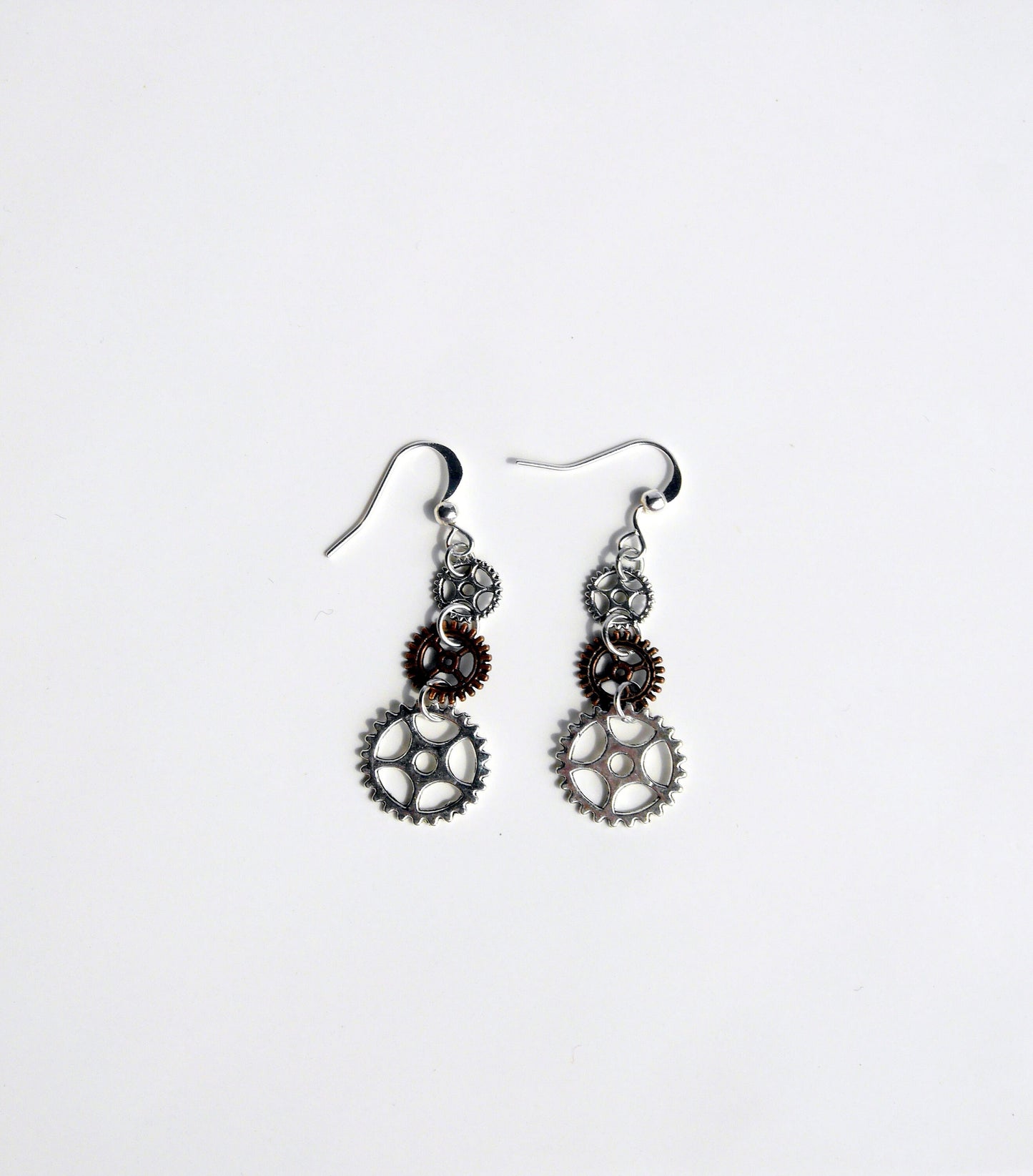 Rose Bronze and Silver Tone Cog Gear Steampunk Style Earrings (Ear Hook, Stud and Clip On)