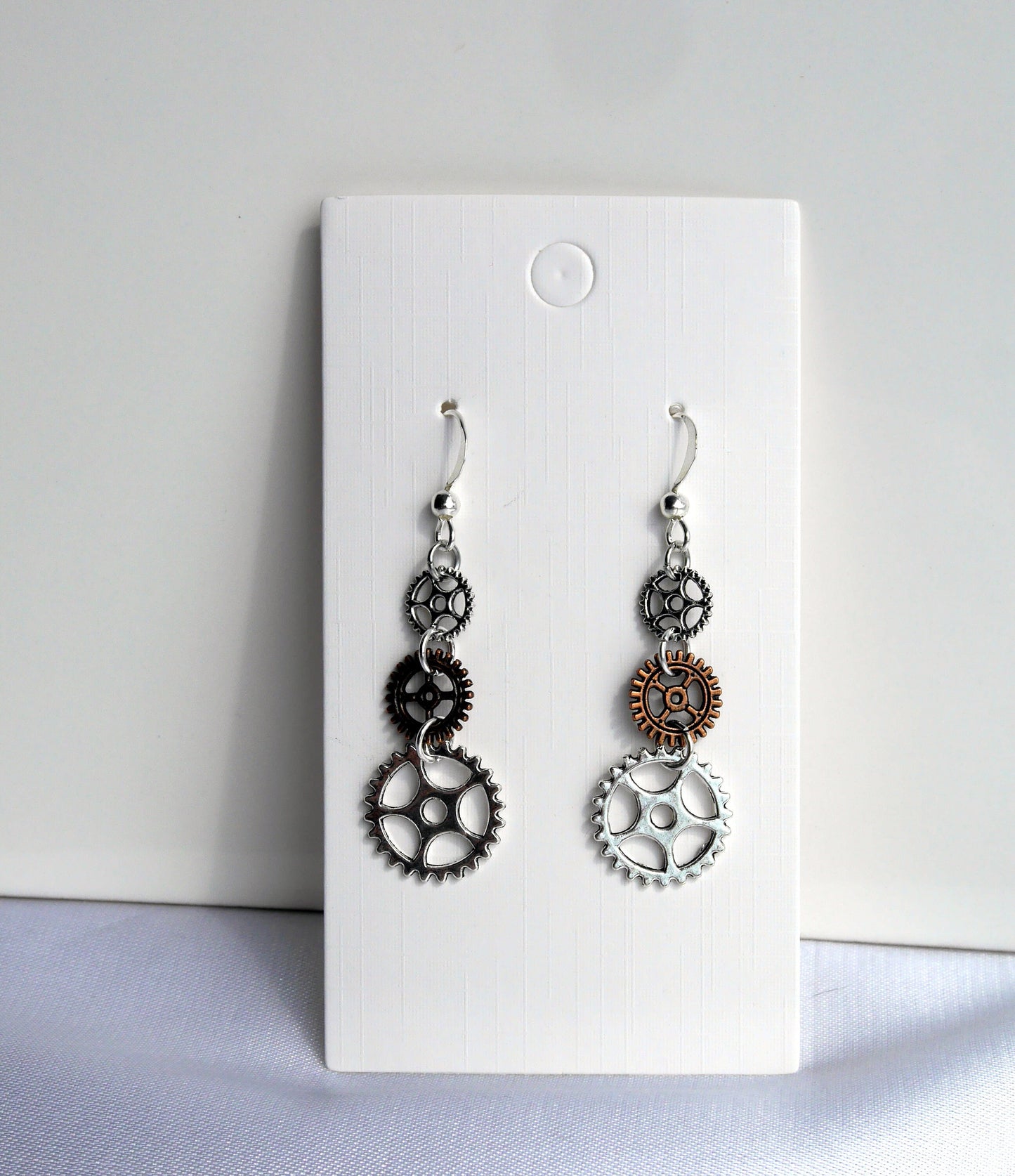 Rose Bronze and Silver Tone Cog Gear Steampunk Style Earrings (Ear Hook, Stud and Clip On)