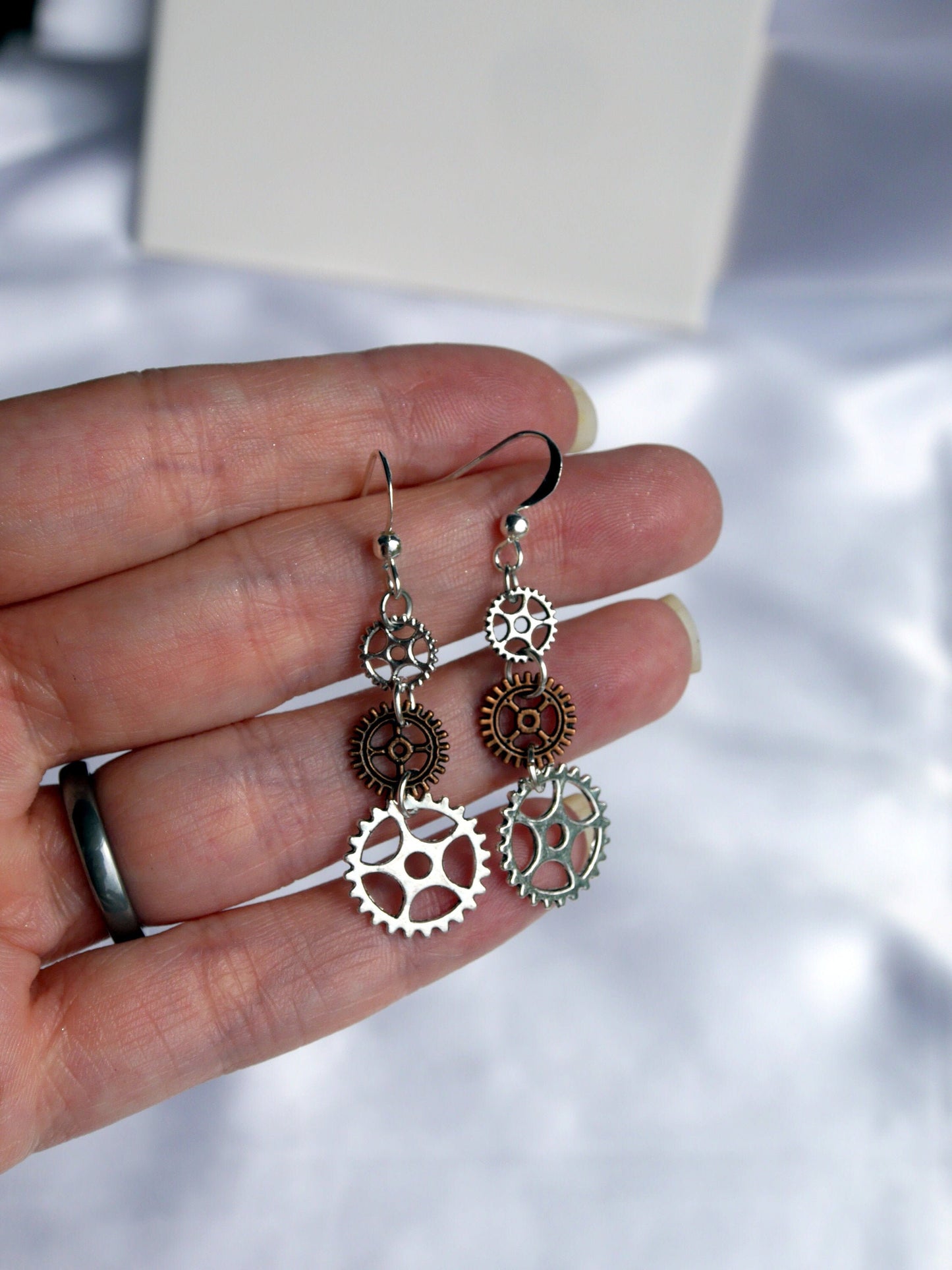 Rose Bronze and Silver Tone Cog Gear Steampunk Style Earrings (Ear Hook, Stud and Clip On)