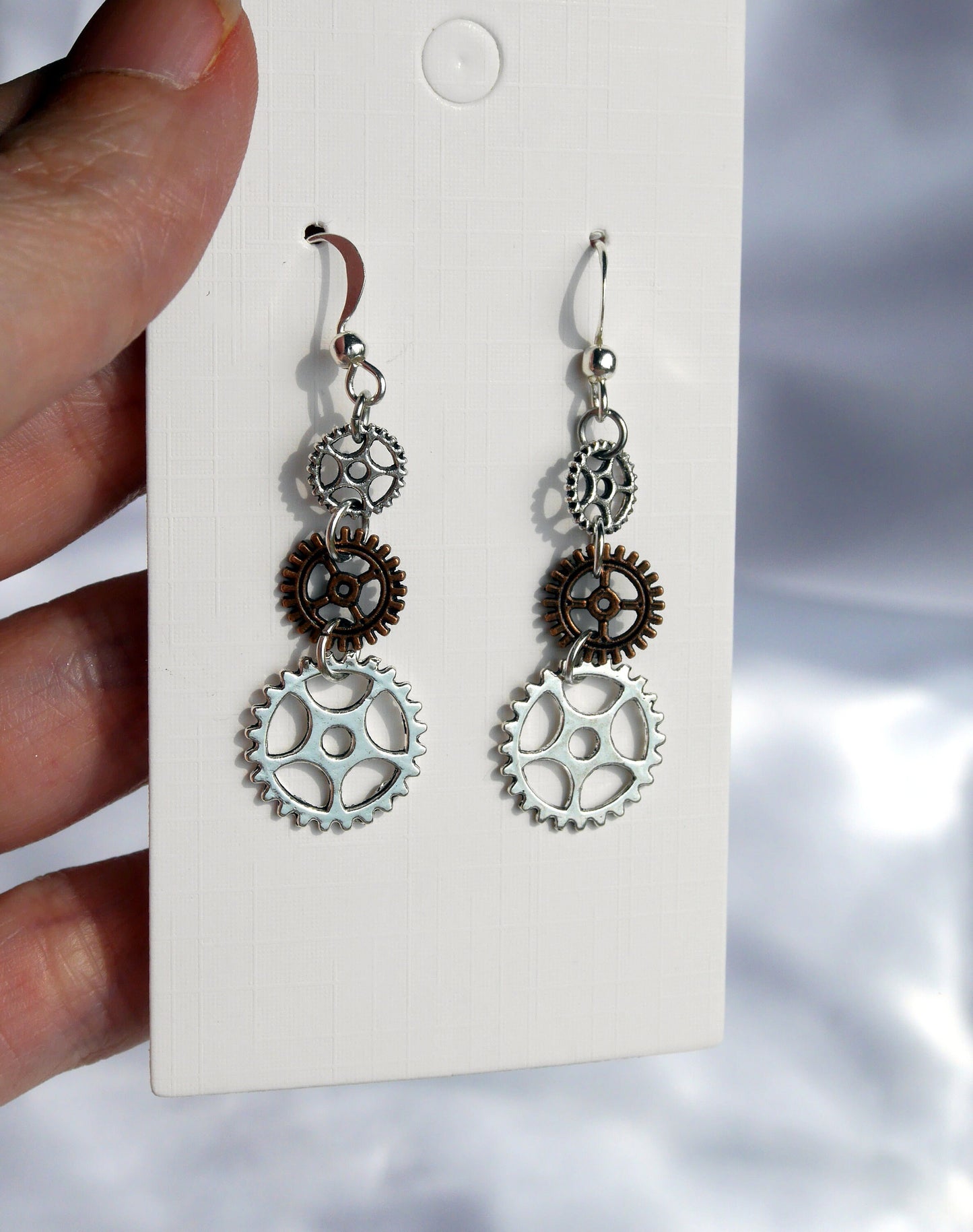 Rose Bronze and Silver Tone Cog Gear Steampunk Style Earrings (Ear Hook, Stud and Clip On)