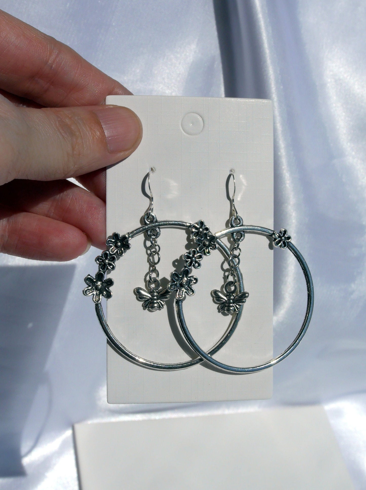 Silver Honeybee and Hoop Flower Earrings (Ear Hook, Stud and Clip On)