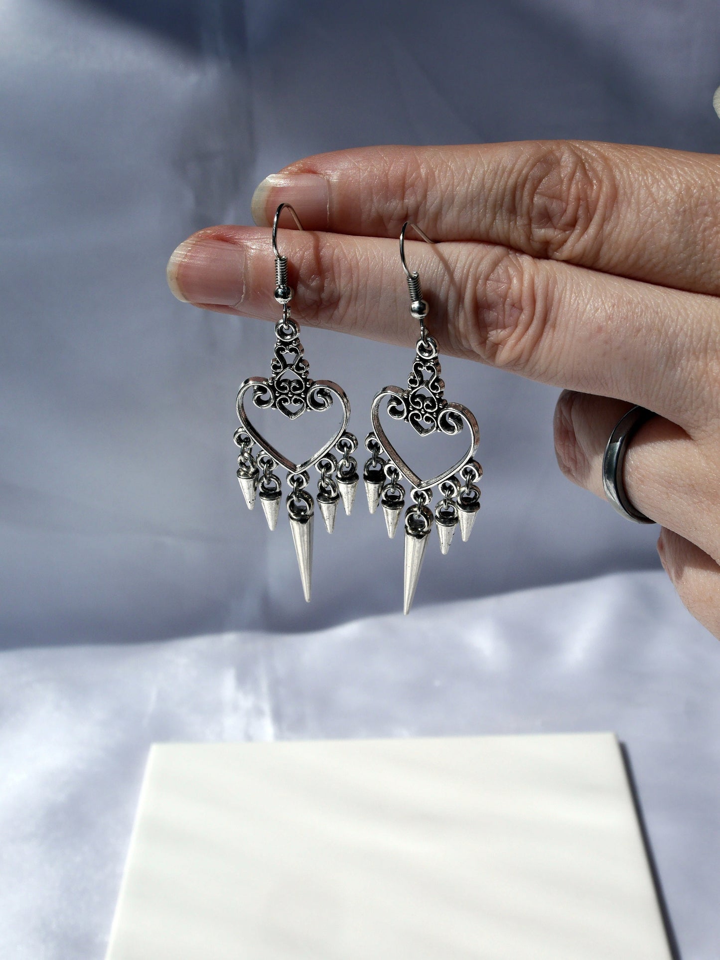Gothic Silver Spike Style Filigree Earrings (Ear Hook, Stud or Clip On)