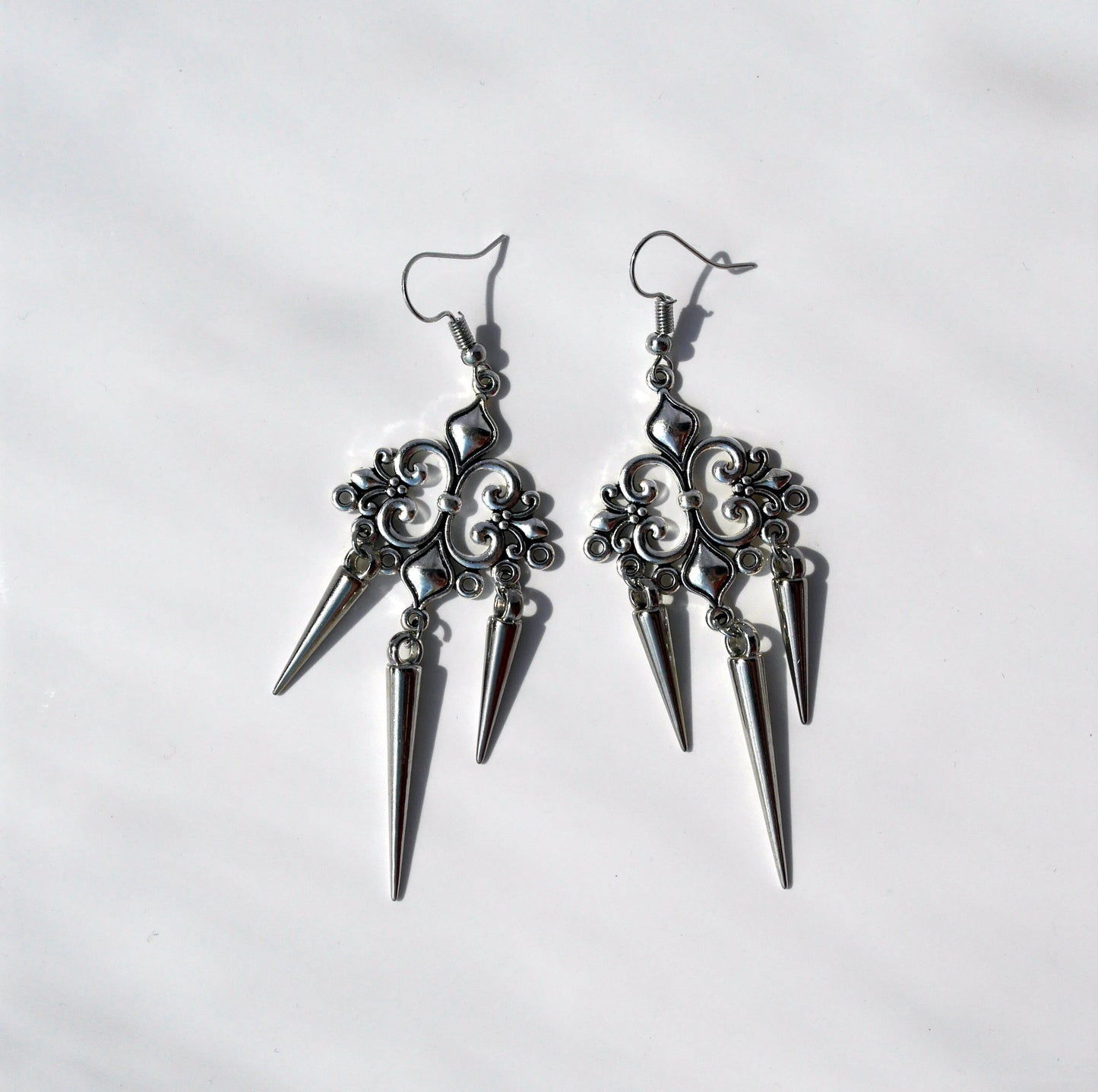 Gothic Silver Spike Filigree Earrings (Ear Hook, Stud or Clip On)
