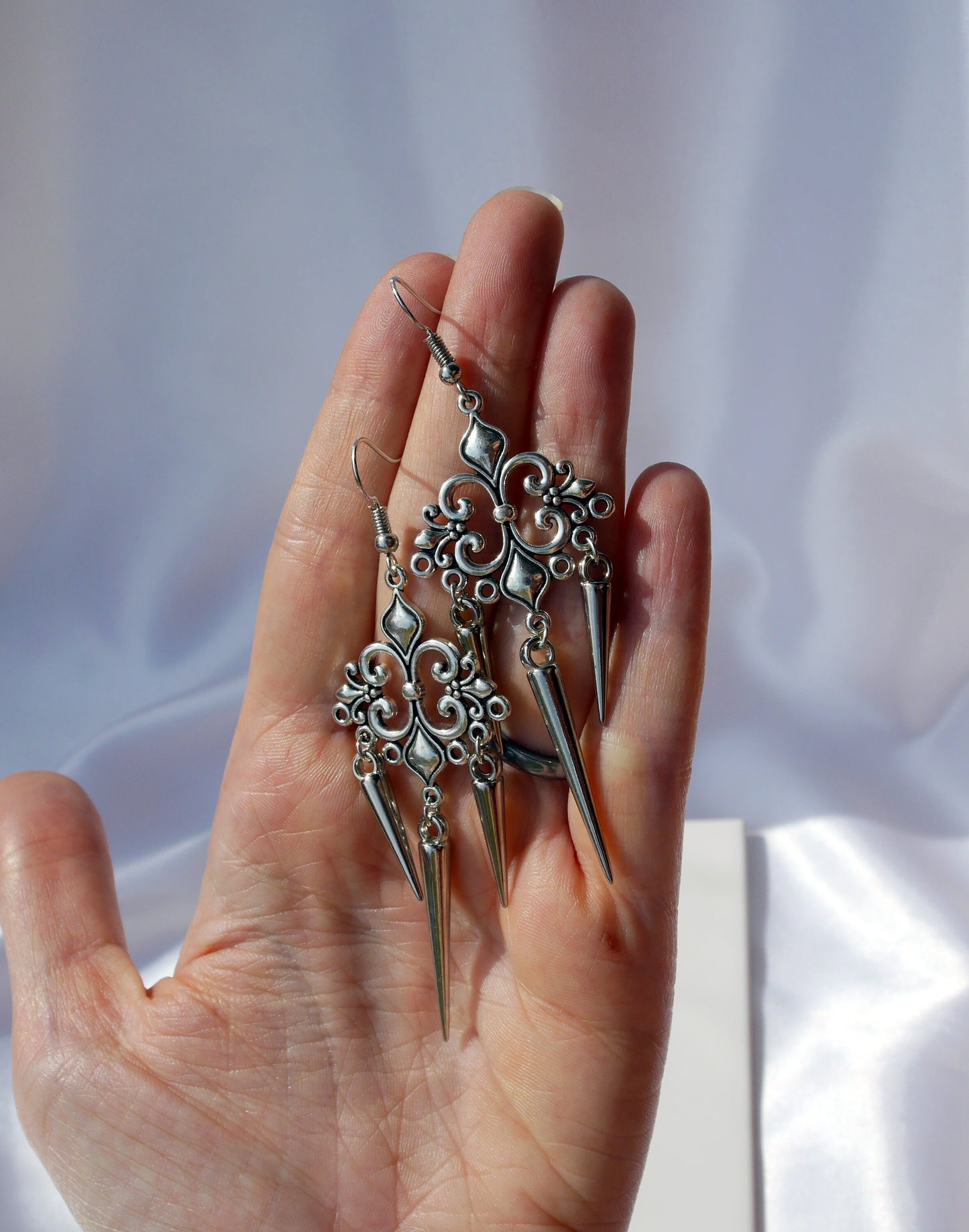 Gothic Silver Spike Filigree Earrings (Ear Hook, Stud or Clip On)