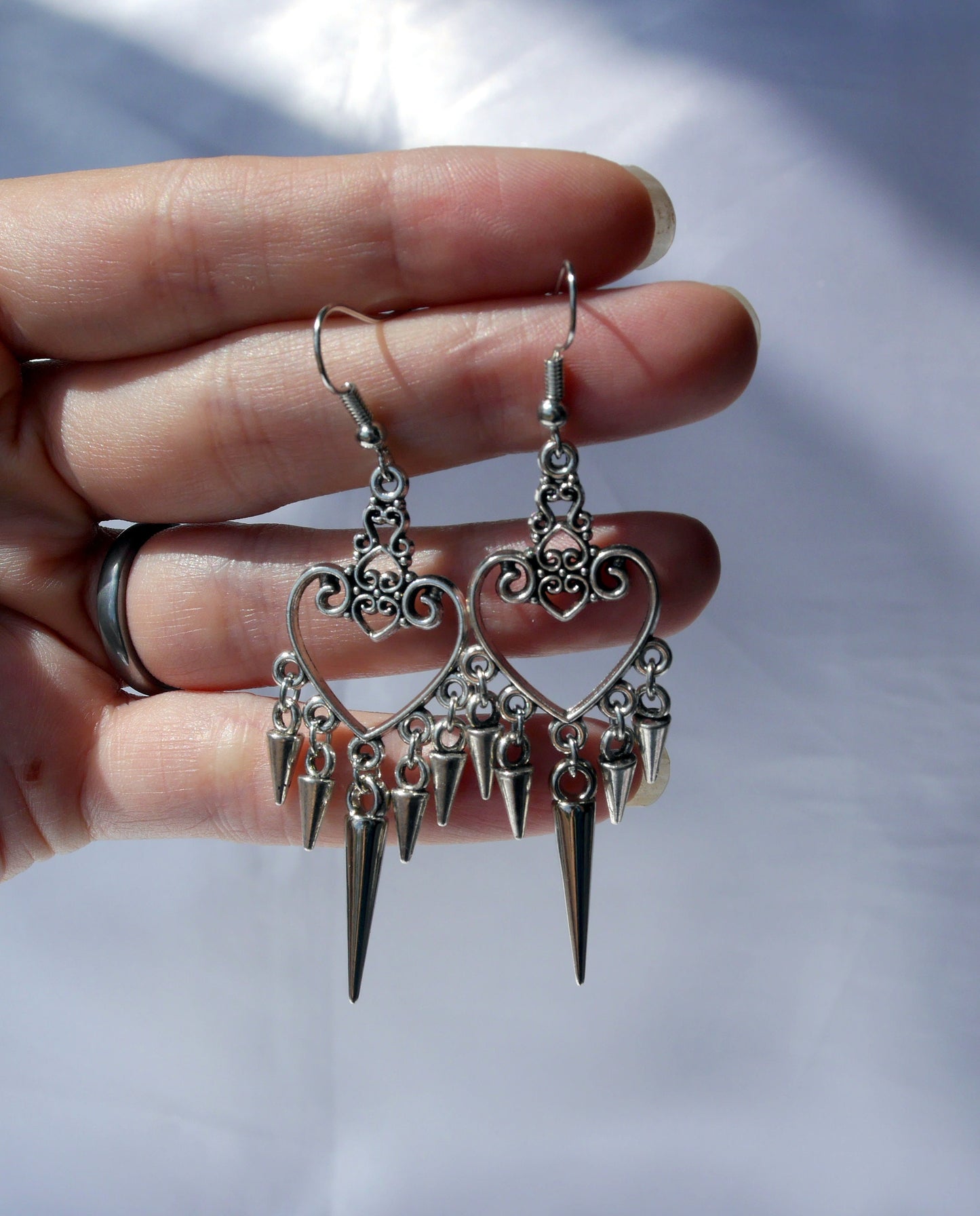 Gothic Silver Spike Style Filigree Earrings (Ear Hook, Stud or Clip On)