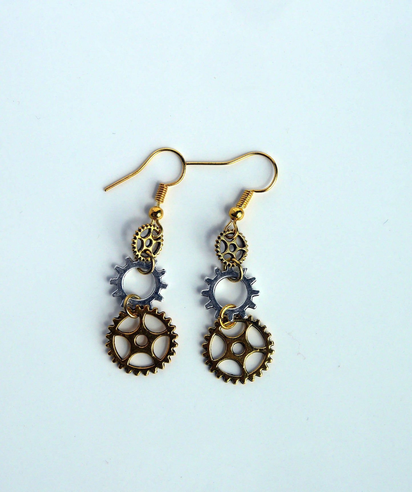 Gold and Silver Toned Cog Gear Wheel Industrial Steampunk Earrings