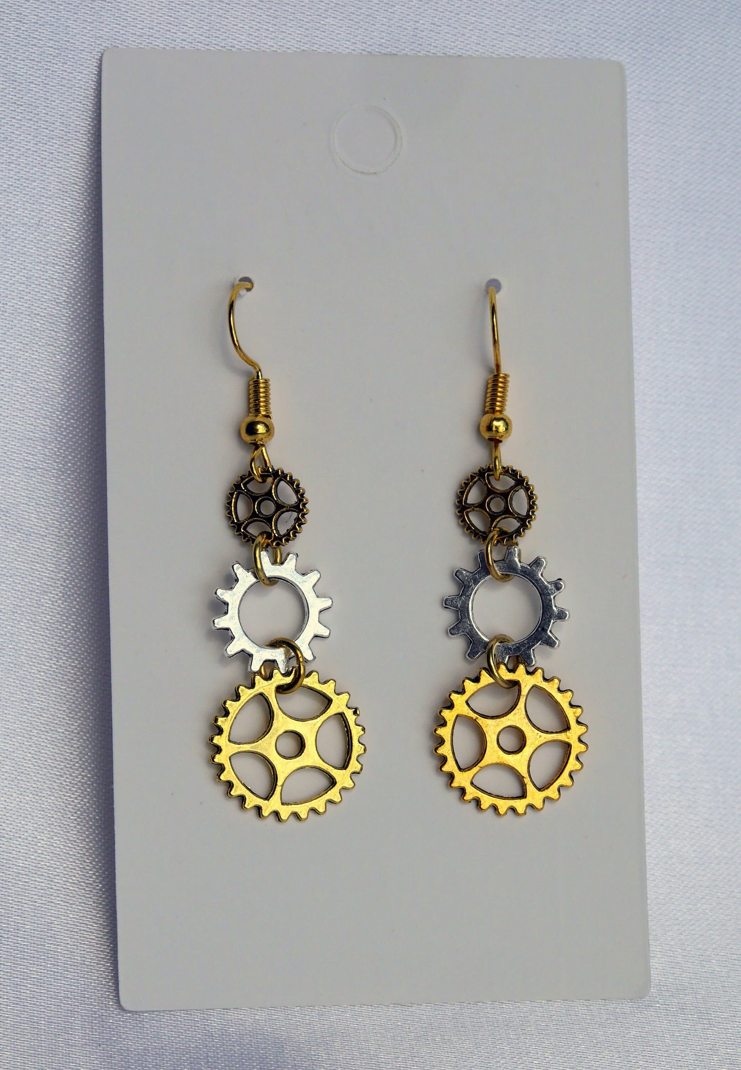 Gold and Silver Toned Cog Gear Wheel Industrial Steampunk Earrings
