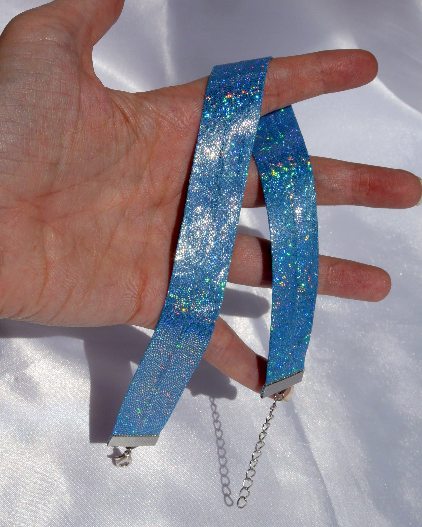 Sparkly Blue Holographic Choker, Extra Long Choker, Holographic Accessory, Holograph Necklace, Futuristic Blue Glitter Choker, LGBT Choker