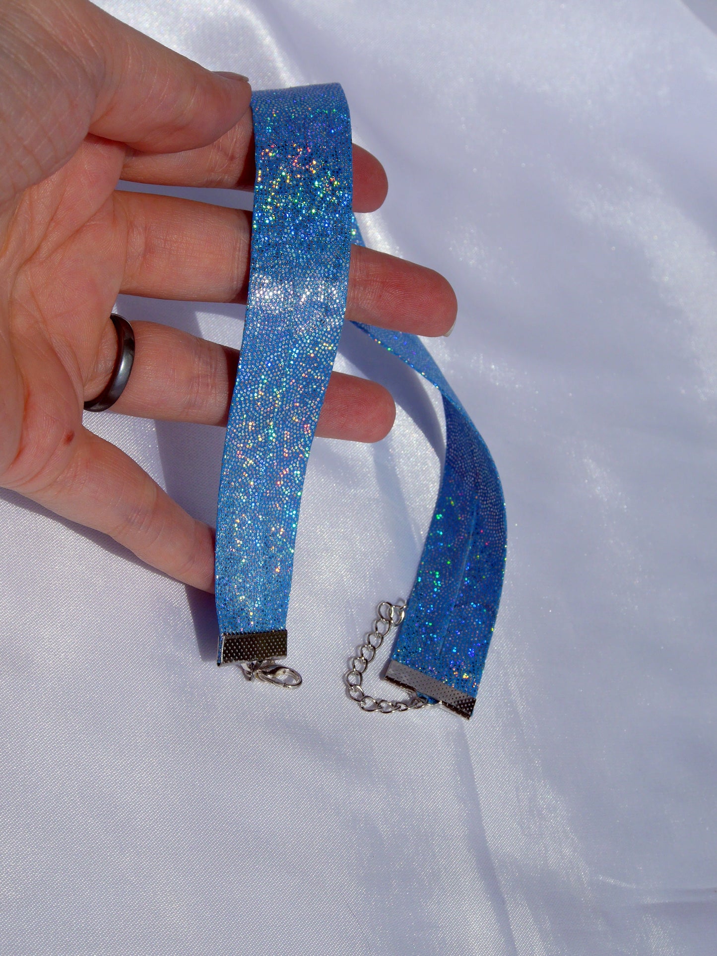Sparkly Blue Holographic Choker, Extra Long Choker, Holographic Accessory, Holograph Necklace, Futuristic Blue Glitter Choker, LGBT Choker