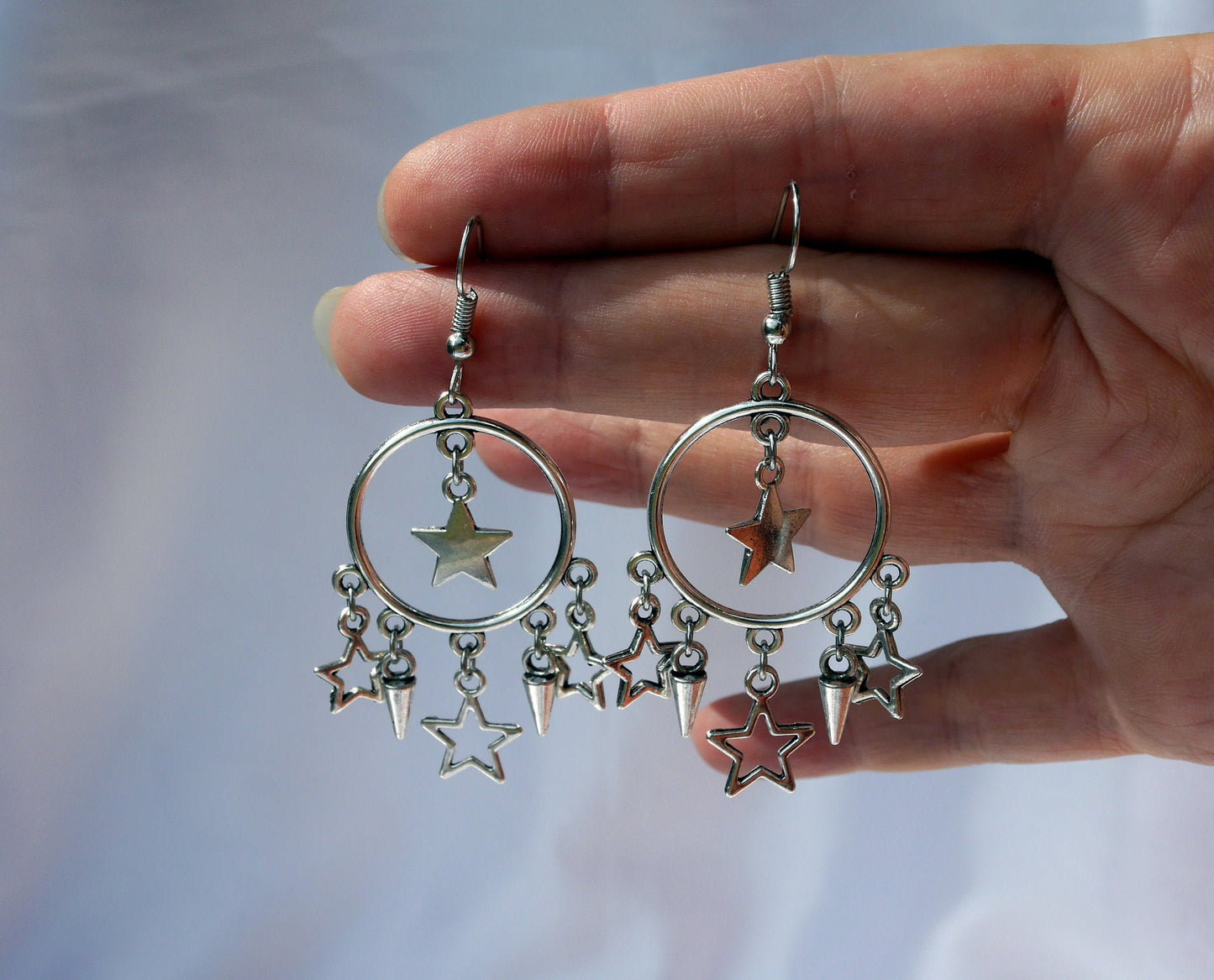 Silver Toned Hoop Stars and Spikes Style Earrings (Ear Hook, Stud and Clip On)