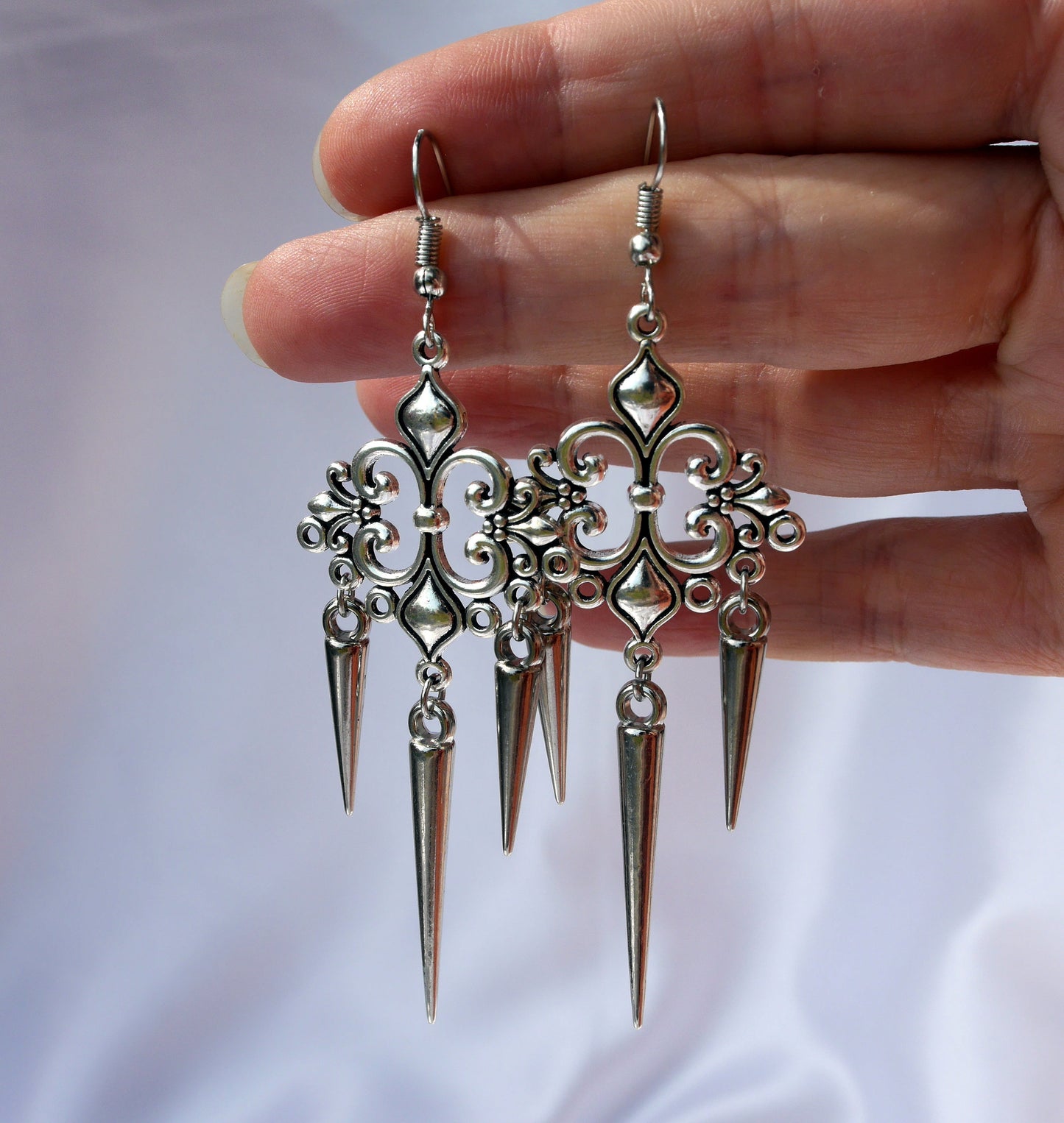 Gothic Silver Spike Filigree Earrings (Ear Hook, Stud or Clip On)
