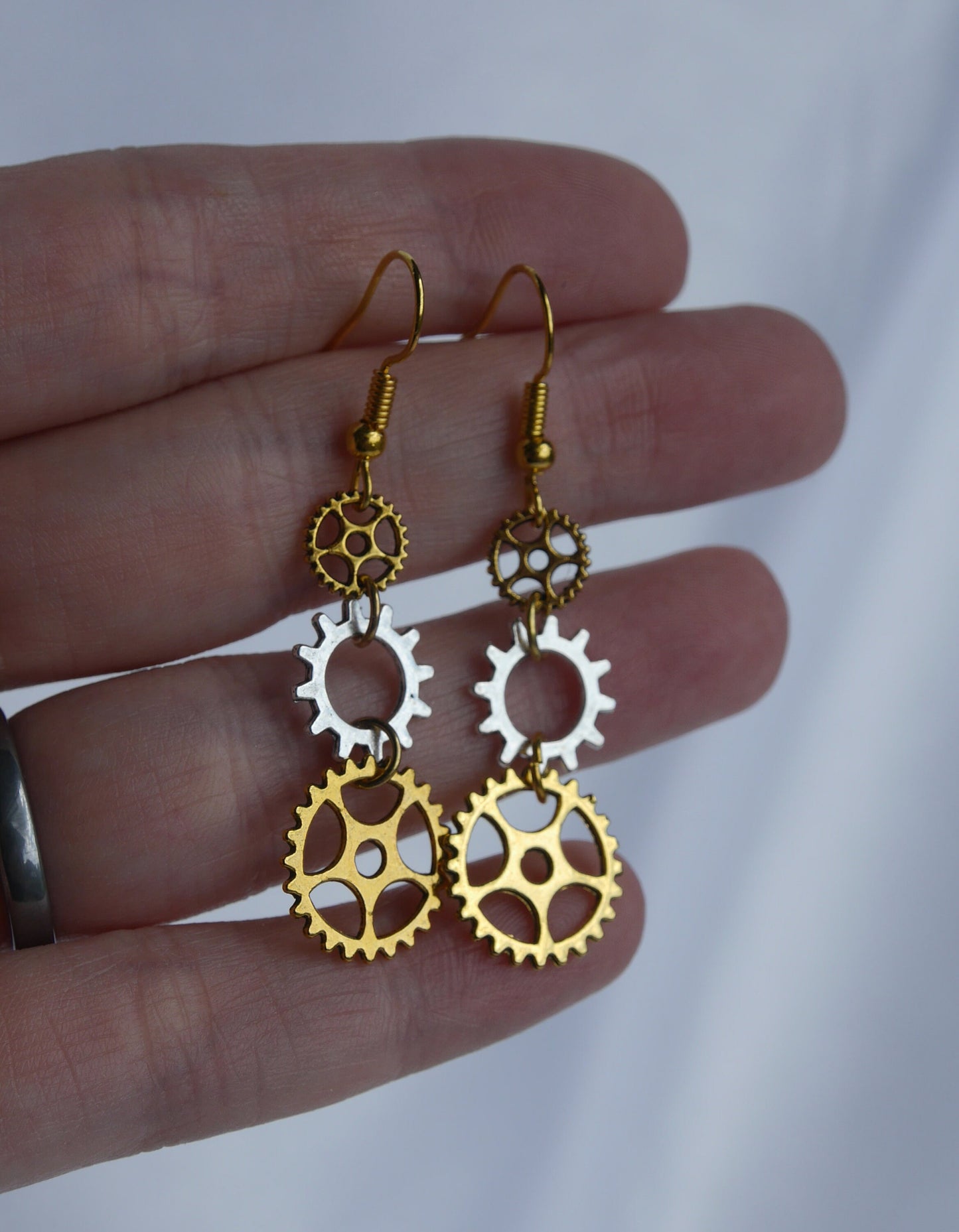Gold and Silver Toned Cog Gear Wheel Industrial Steampunk Earrings