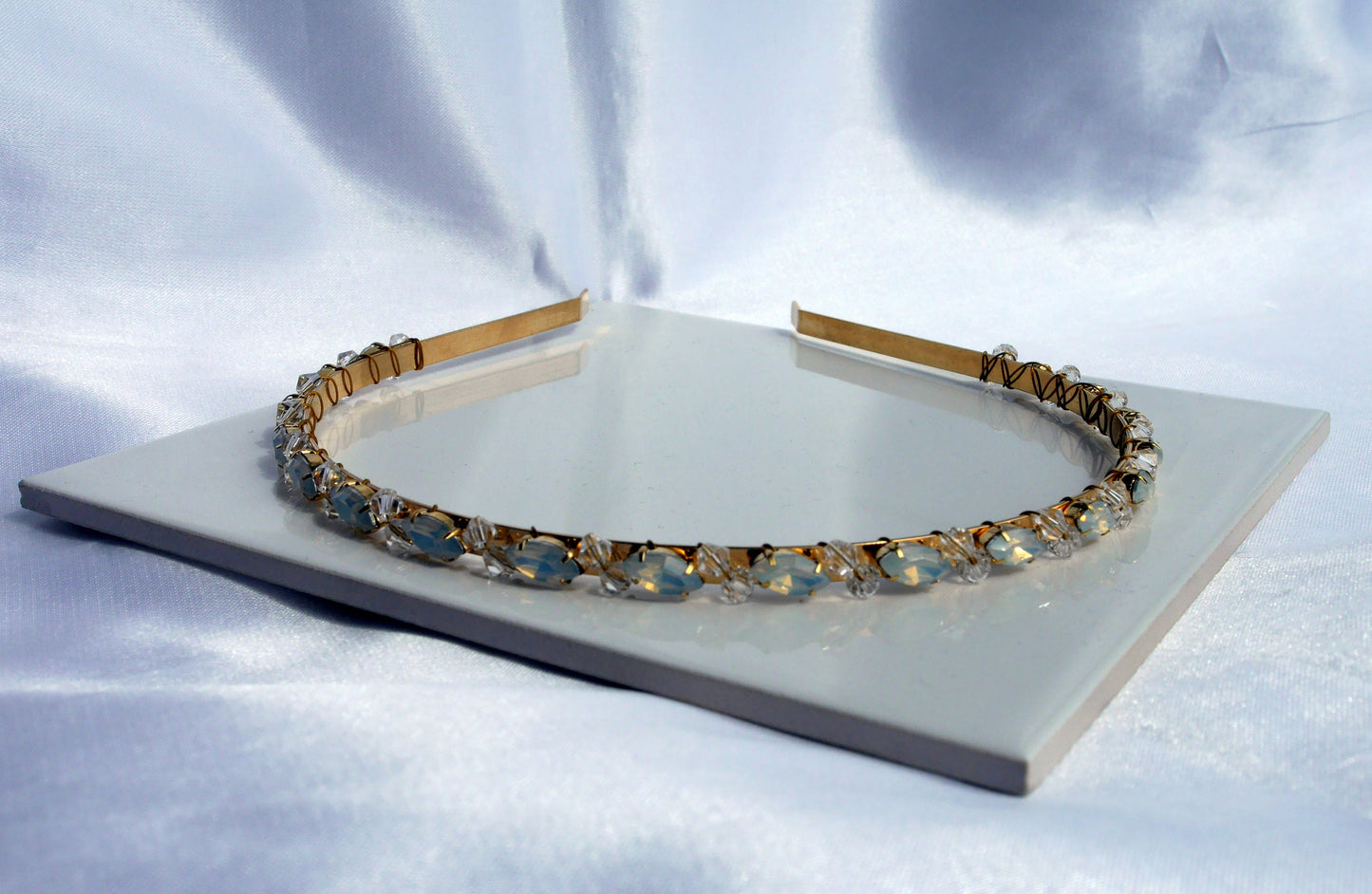 Gold and White Opal Rhinestone Bridal Tiara, Brides Gold Headband, Gold and White Bride Head Piece, Gold Wedding Hair Piece, Bridal Headband