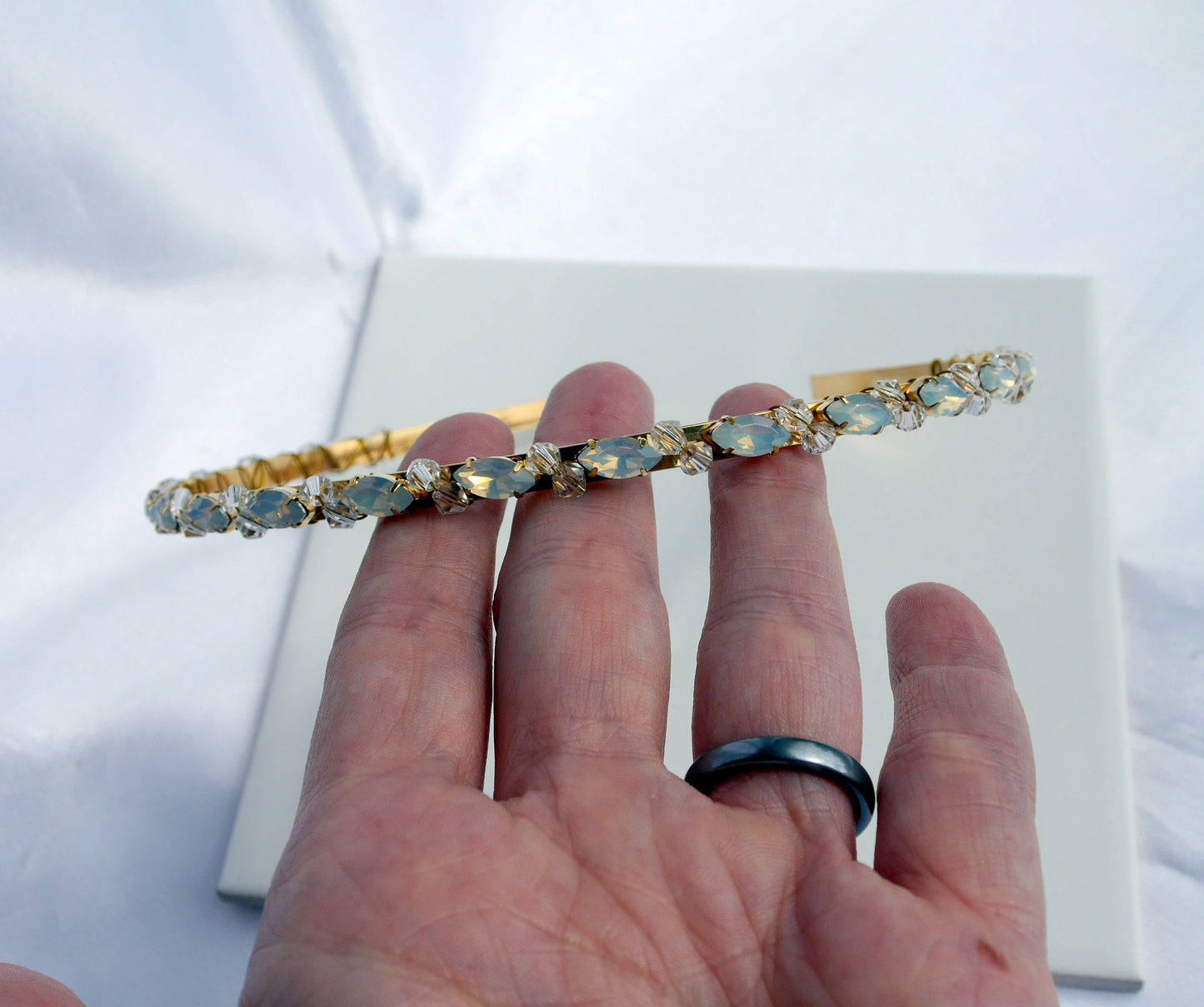 Gold and White Opal Rhinestone Bridal Tiara, Brides Gold Headband, Gold and White Bride Head Piece, Gold Wedding Hair Piece, Bridal Headband