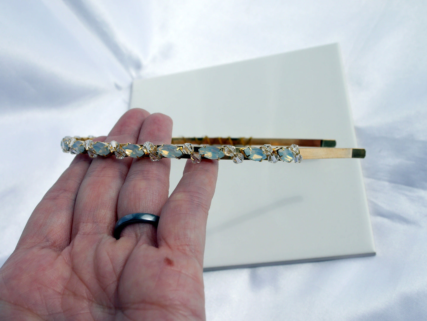 Gold and White Opal Rhinestone Bridal Tiara, Brides Gold Headband, Gold and White Bride Head Piece, Gold Wedding Hair Piece, Bridal Headband