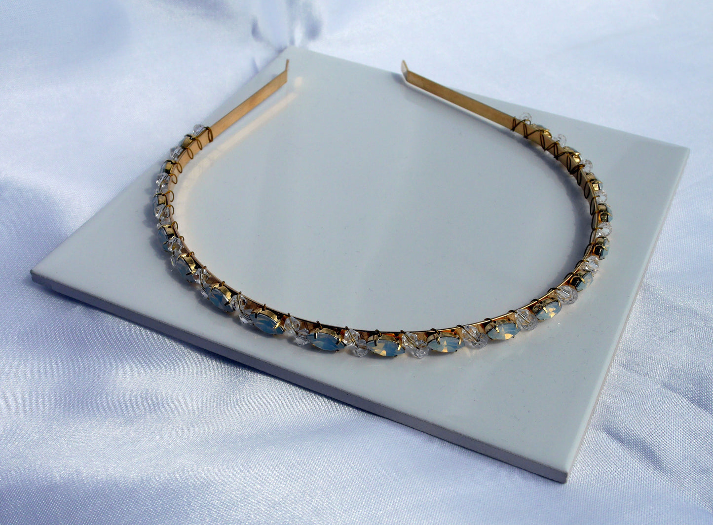 Gold and White Opal Rhinestone Bridal Tiara, Brides Gold Headband, Gold and White Bride Head Piece, Gold Wedding Hair Piece, Bridal Headband