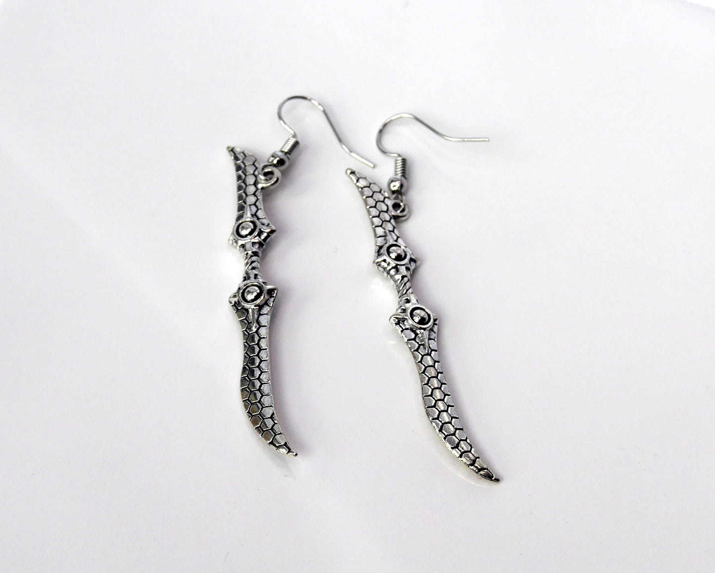 Silver Tone Warglaive Weapon Shaped Earrings (Ear Hook, Stud and Clip On)