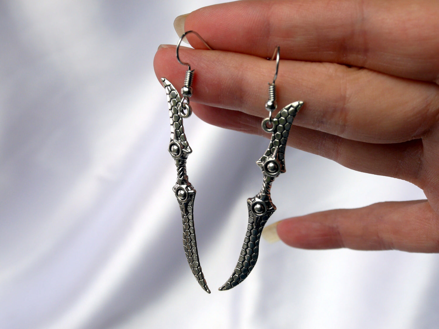 Silver Tone Warglaive Weapon Shaped Earrings (Ear Hook, Stud and Clip On)