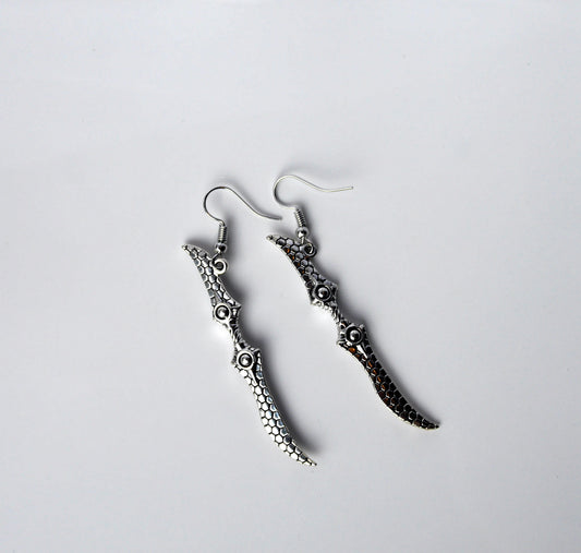 Silver Warglaive Weapon Earrings, Fantasy Warglaive Earrings, Antique Silver Polearm Earrings, Pole Weapon Warcraft Theme Earrings,