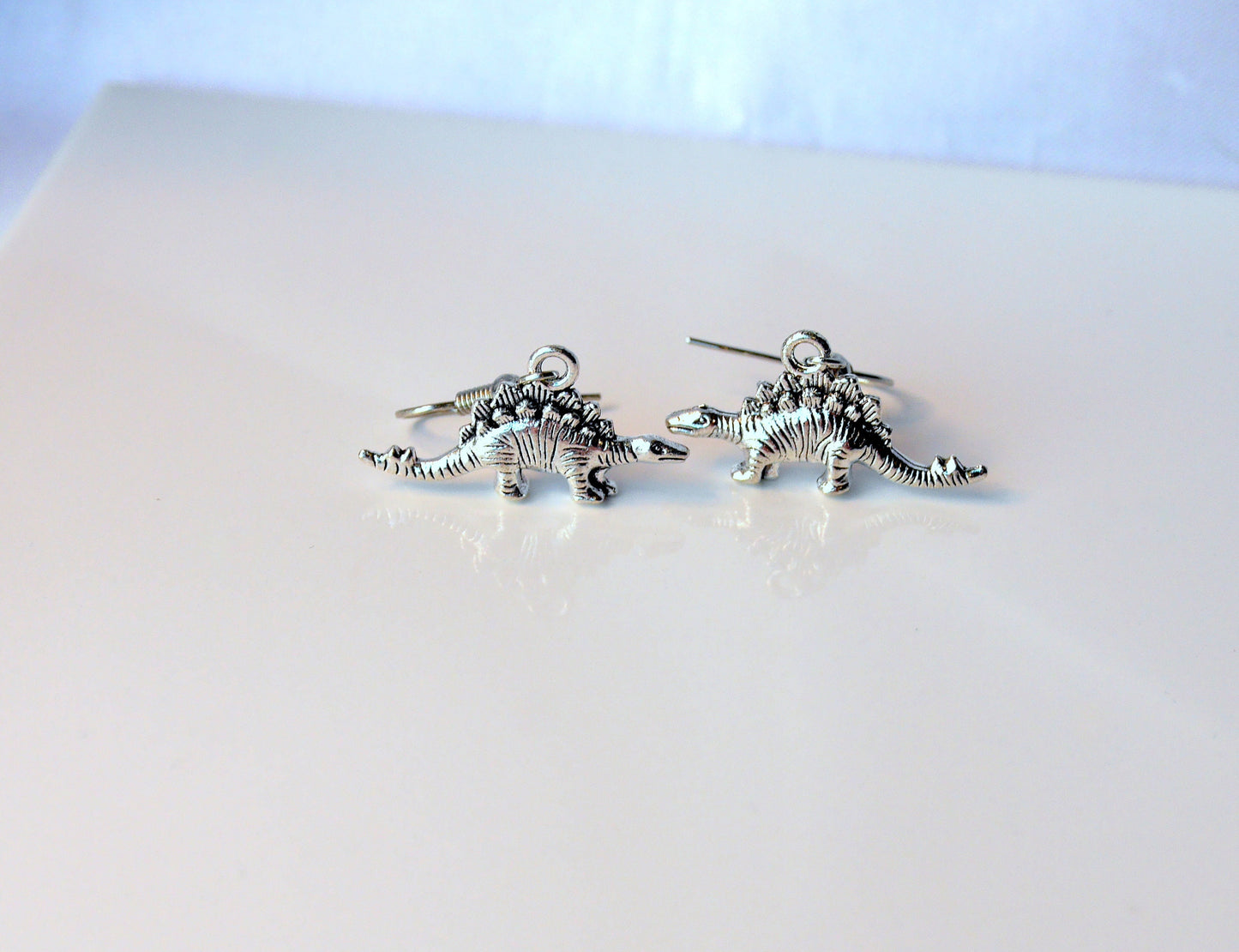 Dinosaur Shaped Silver Toned Earrings (Ear Hook, Stud or Clip On)