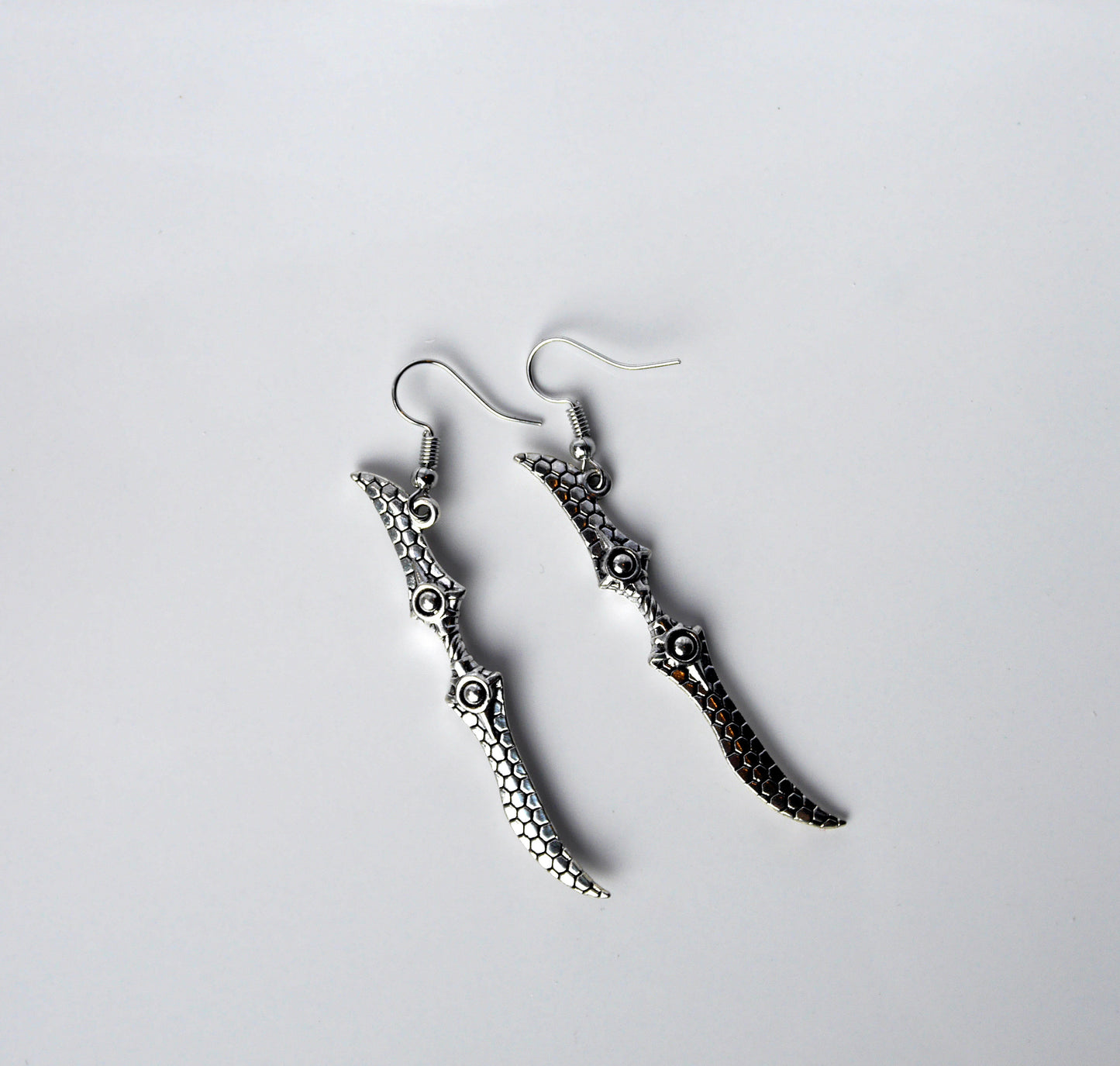 Silver Tone Warglaive Weapon Shaped Earrings (Ear Hook, Stud and Clip On)