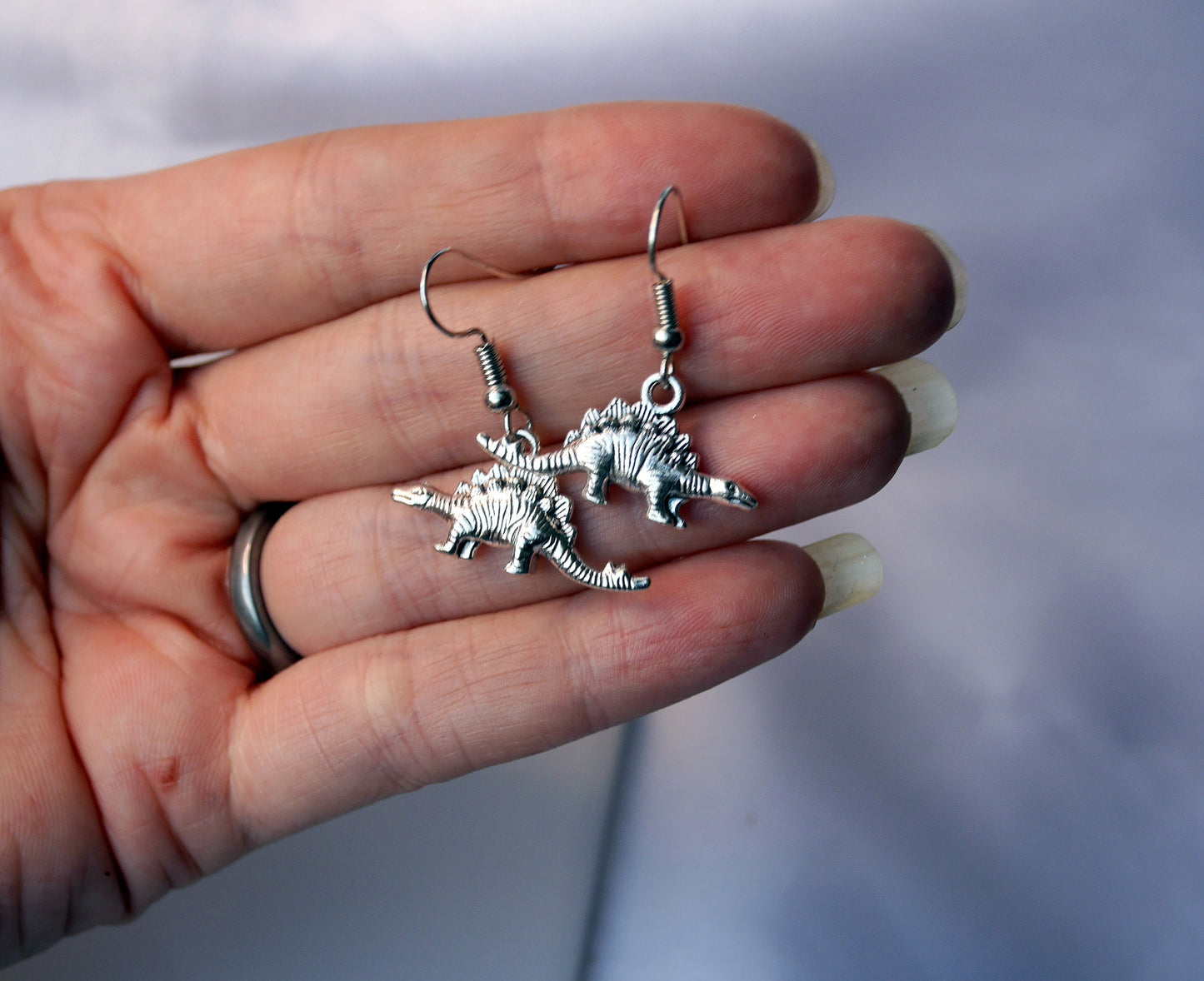 Dinosaur Shaped Silver Toned Earrings (Ear Hook, Stud or Clip On)