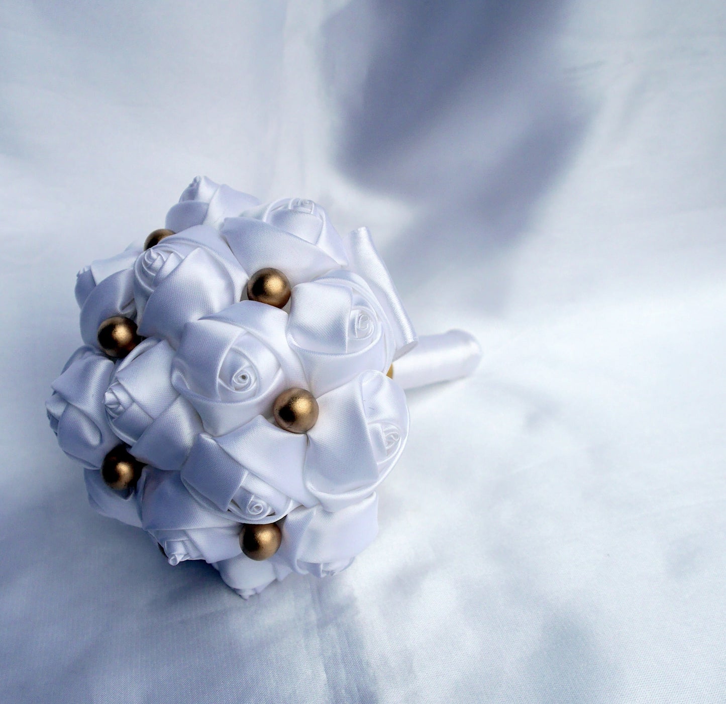 Brides White and Gold Colour Mini Satin Rose Floral Hand Bouquet
