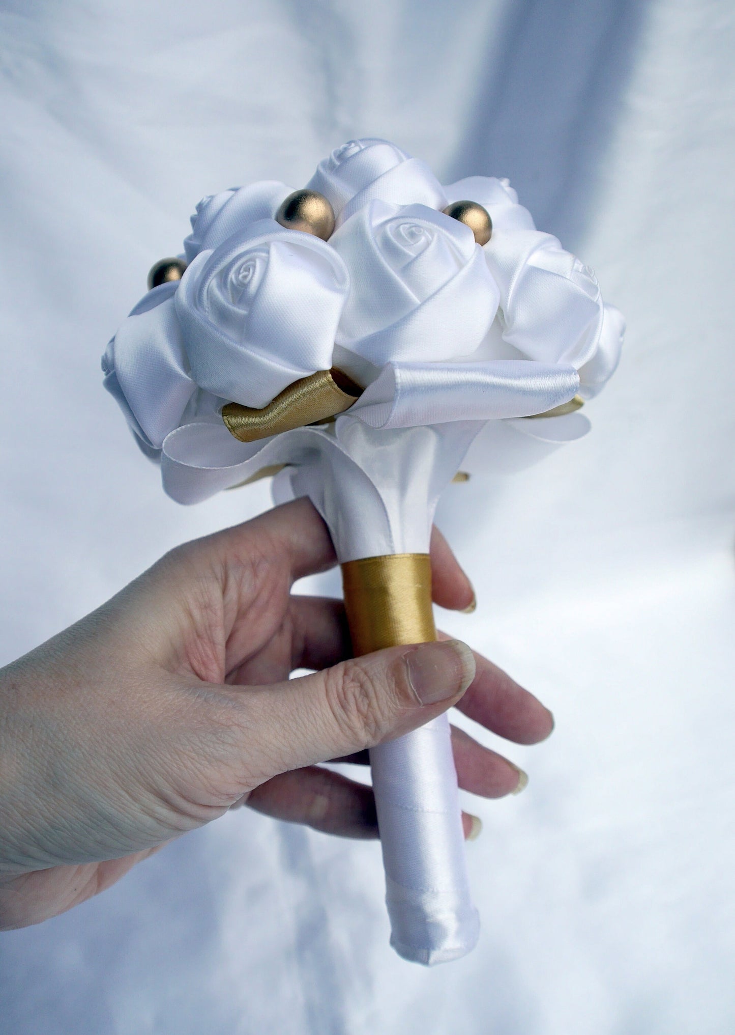 Brides White and Gold Colour Mini Satin Rose Floral Hand Bouquet
